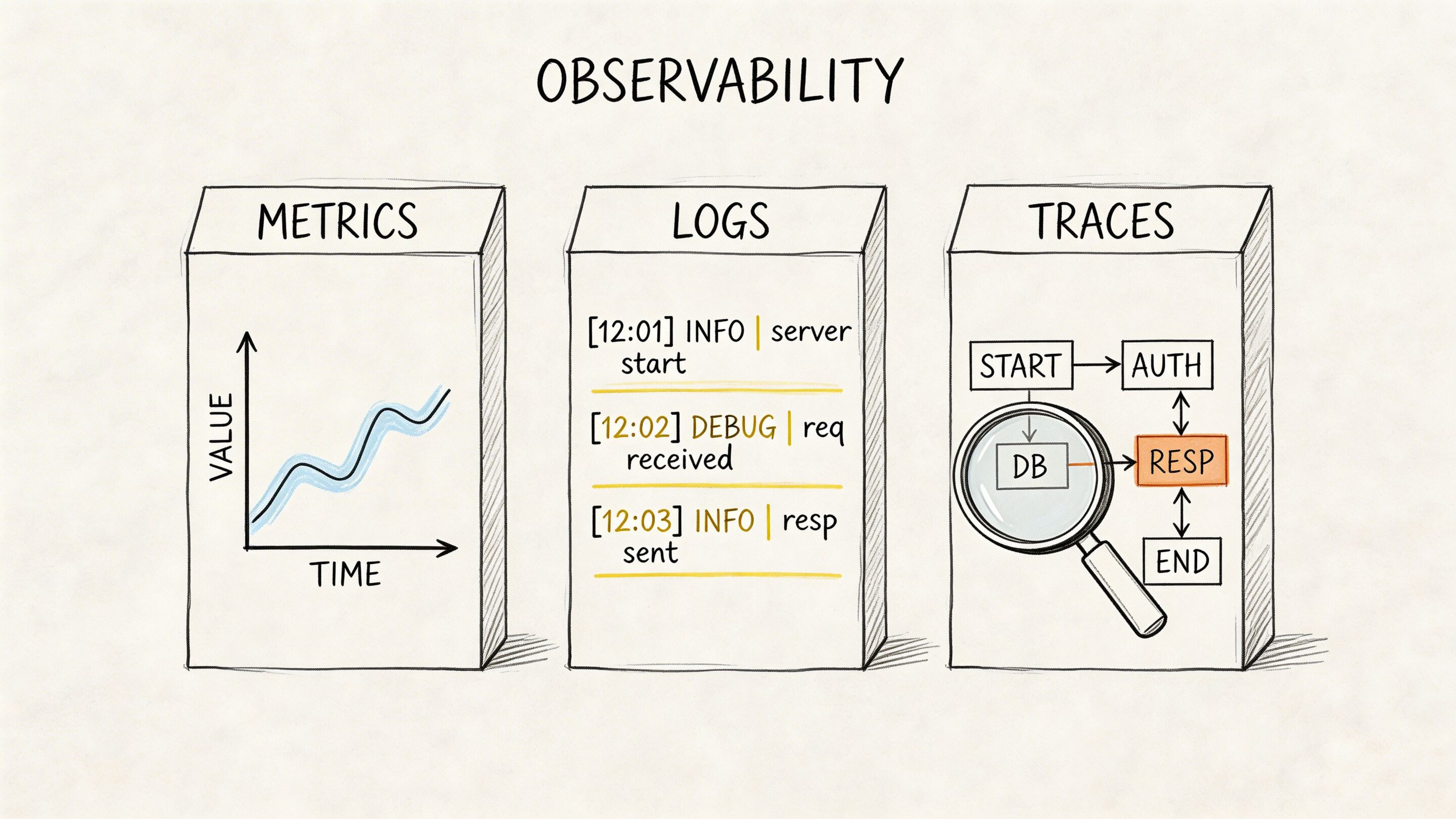 A conceptual diagram illustrating observability with three columns for metrics, logs, and traces as pillars of DevOps.