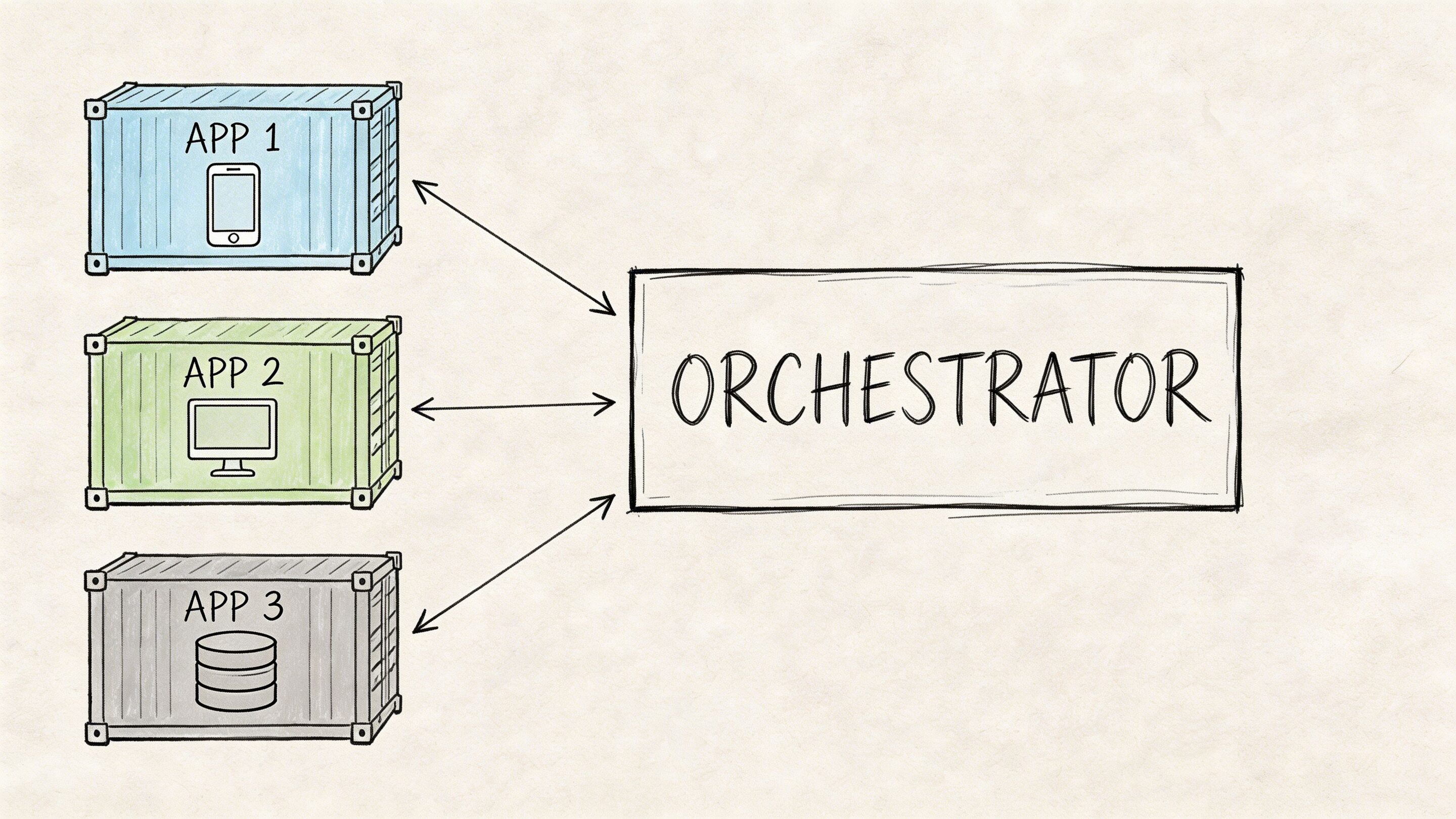 A hand-drawn diagram illustrating an orchestrator managing three separate application containers labeled app one, two, and three.