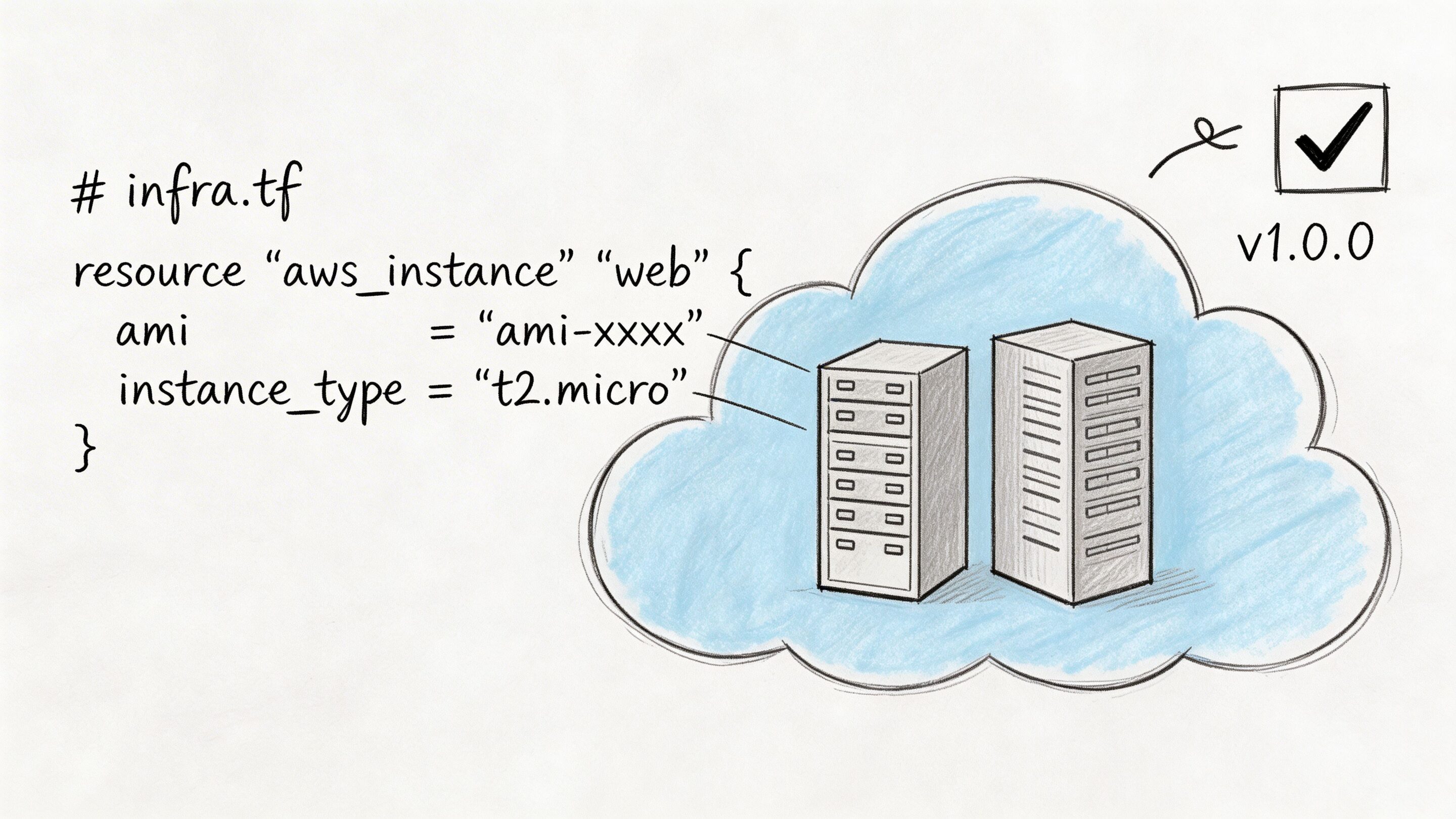 A hand-drawn illustration showing Terraform code for an AWS instance mapping to a cloud infrastructure.