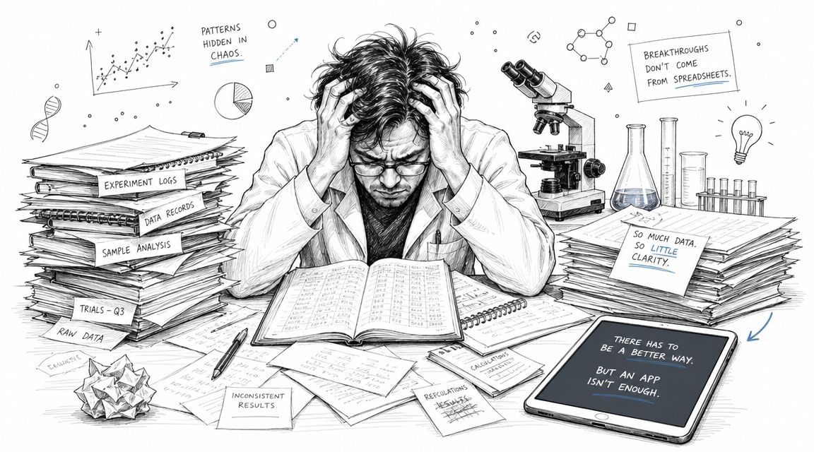 A frustrated scientist sits at a desk overwhelmed by massive stacks of paper data and laboratory records.