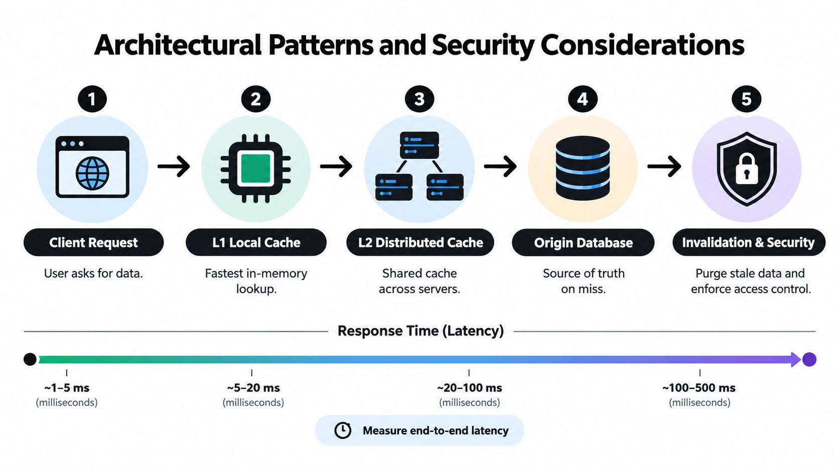 A diagram illustrating a five-step data architecture process from client request to database retrieval and security.