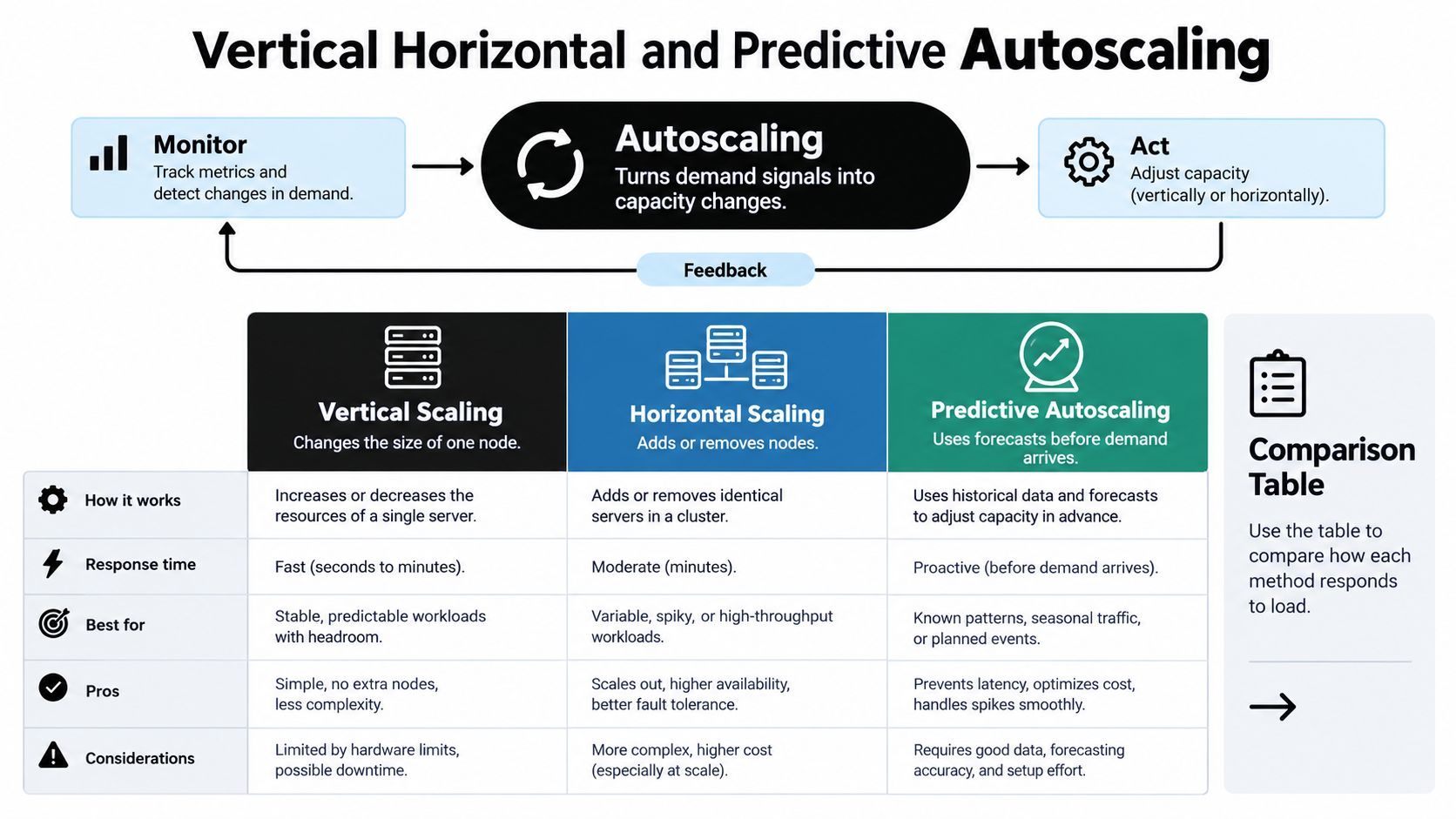 An infographic showing vertical, horizontal, and predictive autoscaling methods in cloud computing with a comparison table.