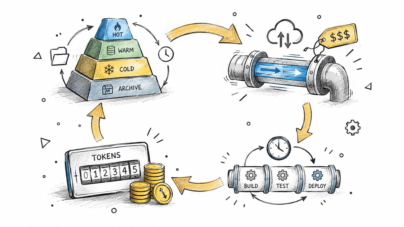 A hand-drawn illustration depicting a workflow for cloud cost optimization using storage tiers and a development pipeline.