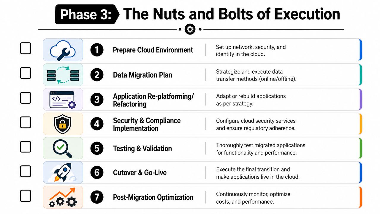 A checklist diagram outlining seven essential steps for cloud migration execution, from preparation to post-migration optimization.