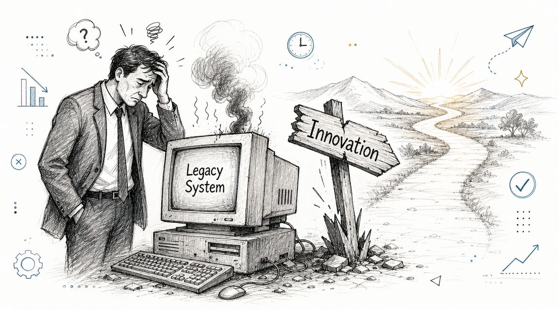 A stressed businessman looks at a smoking, outdated computer labeled Legacy System near an innovation signpost.