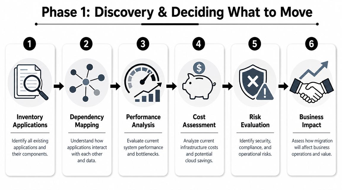 A six-step infographic illustrating the discovery and decision-making process for cloud migration applications.
