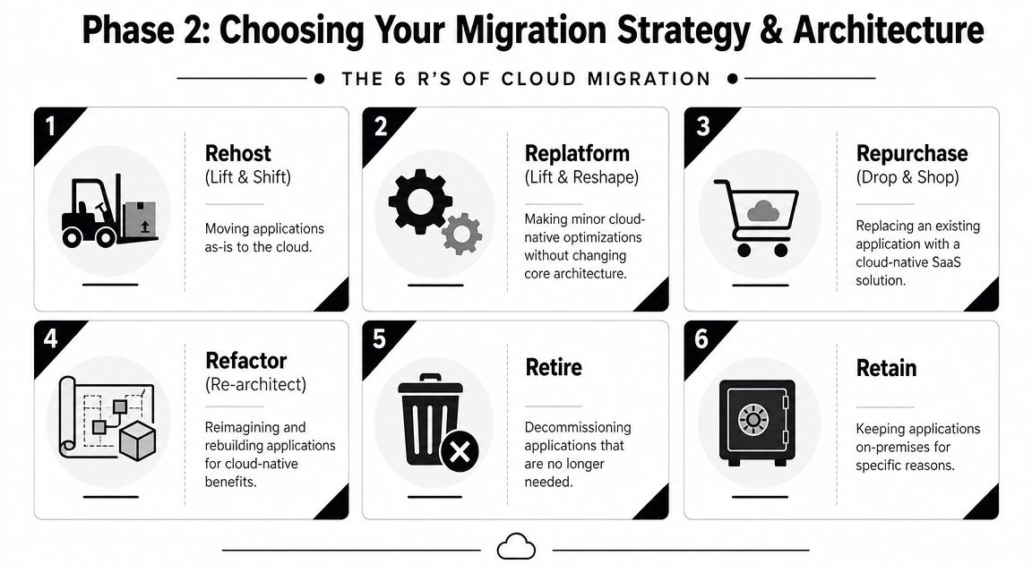 A visual guide illustrating the 6 R's of cloud migration strategies for application architecture and planning.