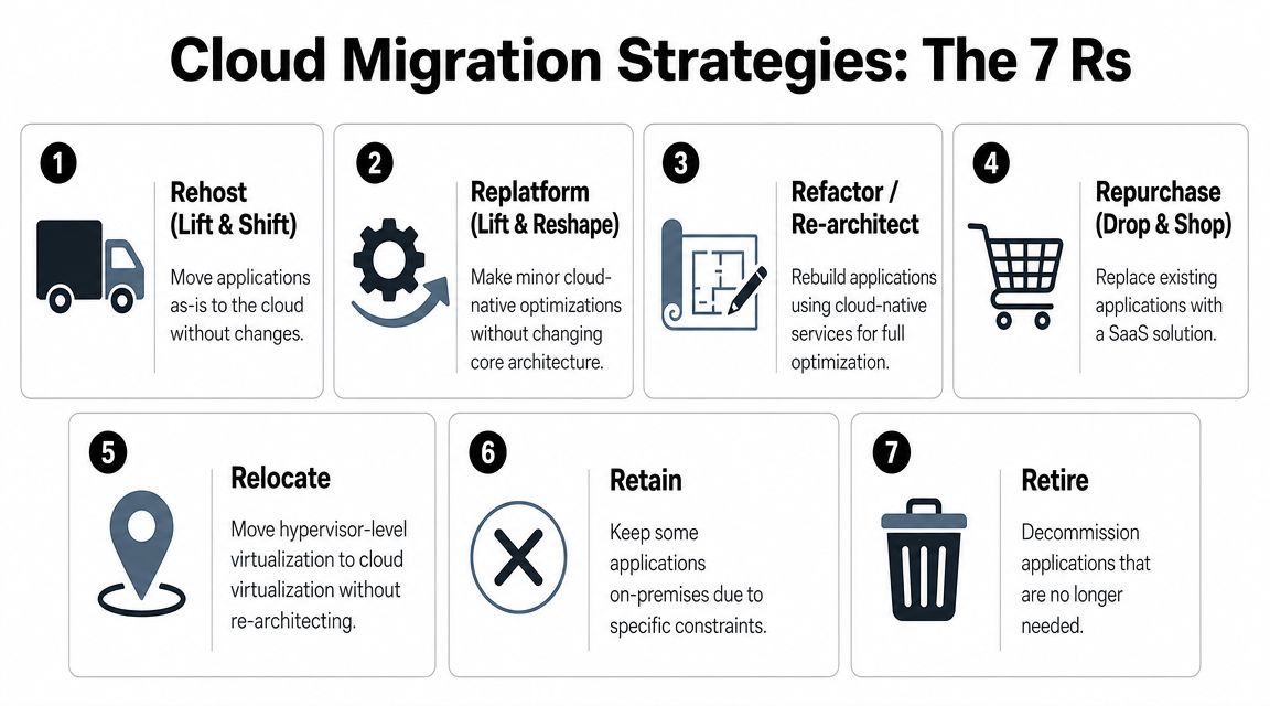 A diagram outlining the 7 Rs of cloud migration strategies, including rehost, replatform, refactor, repurchase, relocate, retain, and retire.