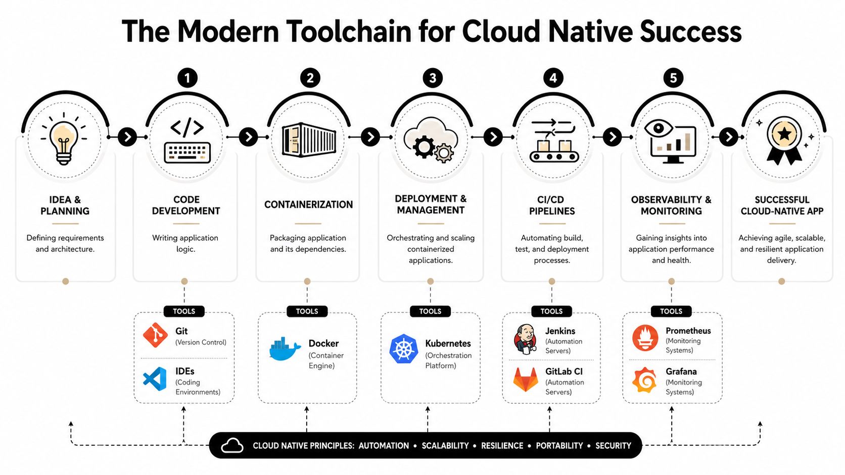 A diagram outlining the modern cloud native toolchain, featuring six steps from planning to successful application delivery.