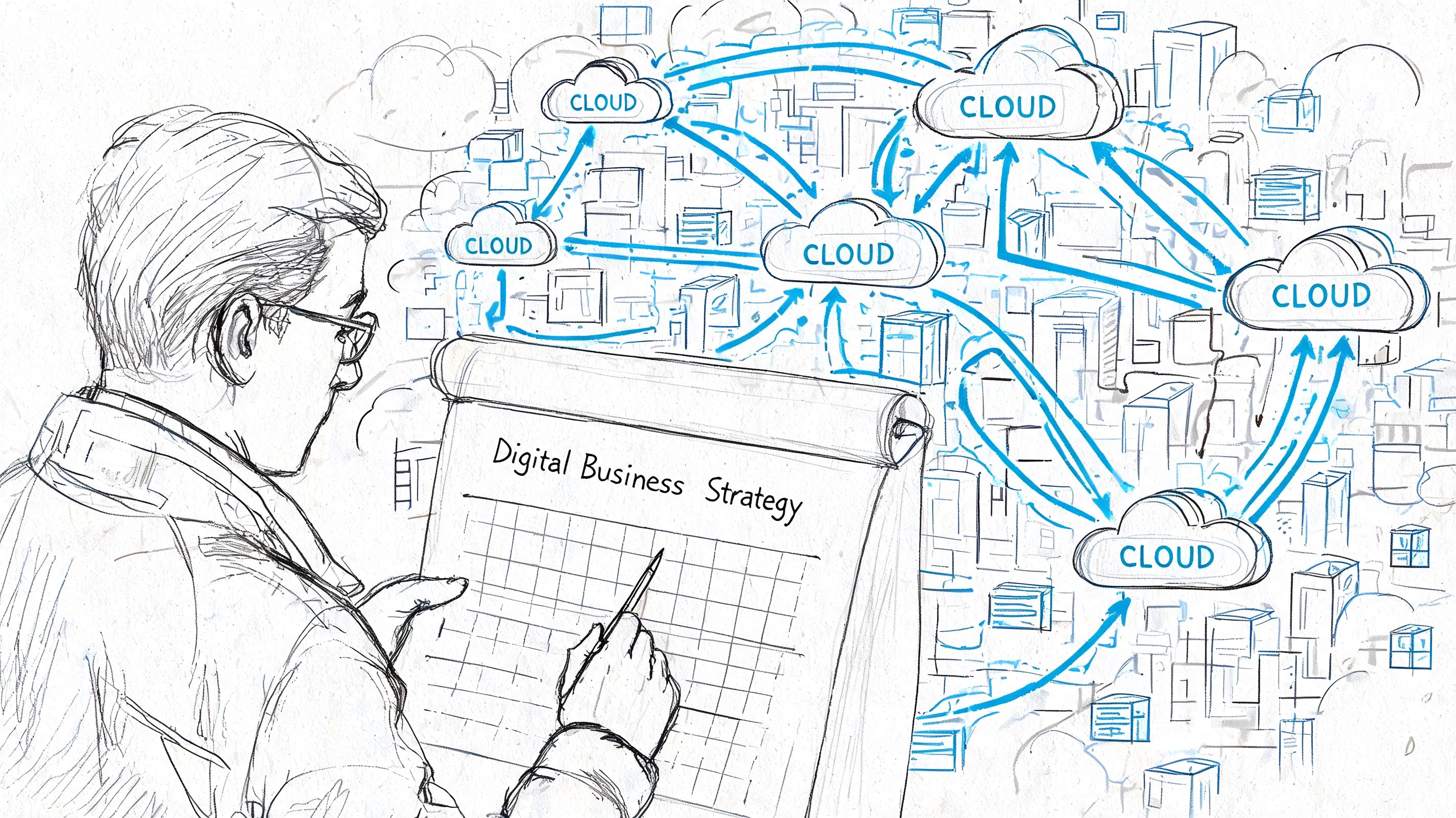 A professional drawing of a consultant planning a digital business strategy connected to a global cloud network.