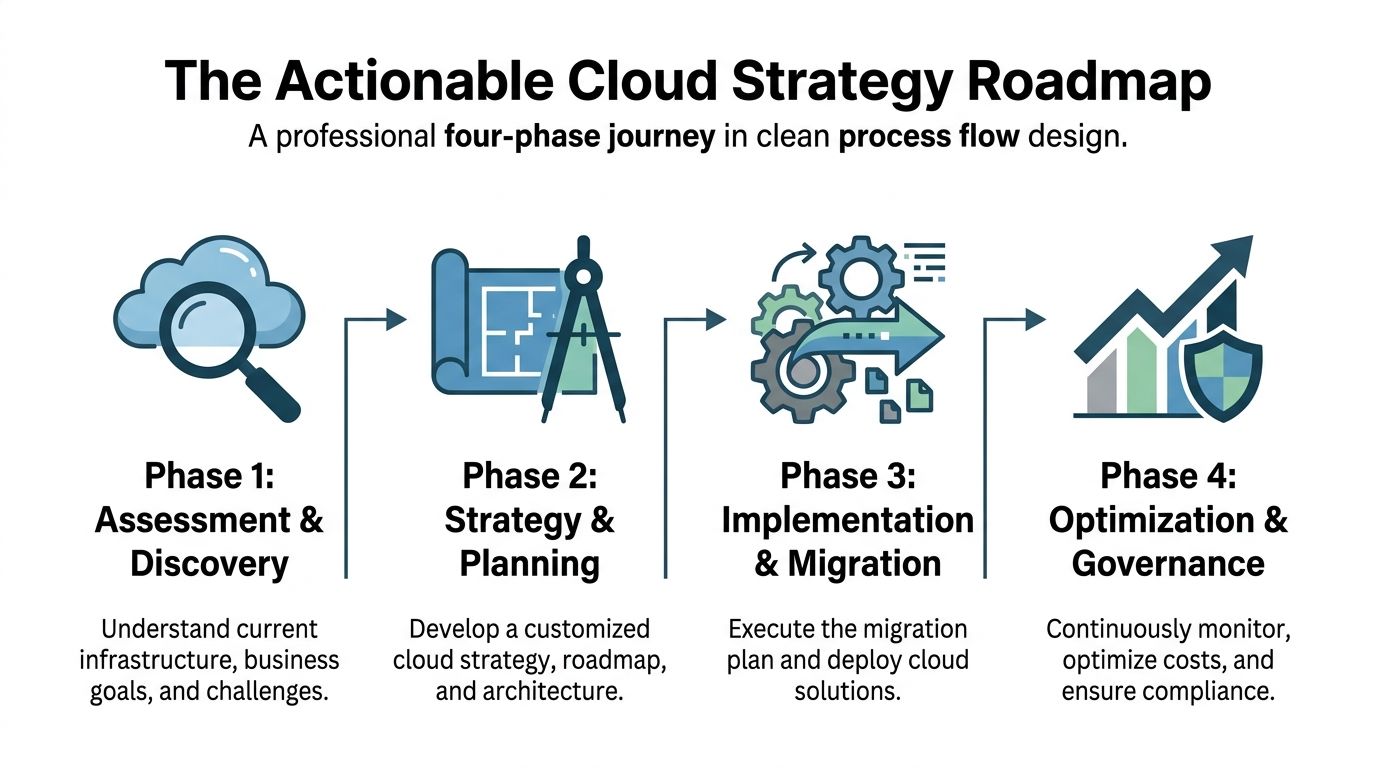A four-phase actionable cloud strategy roadmap showing assessment, planning, implementation, and optimization steps for cloud infrastructure.