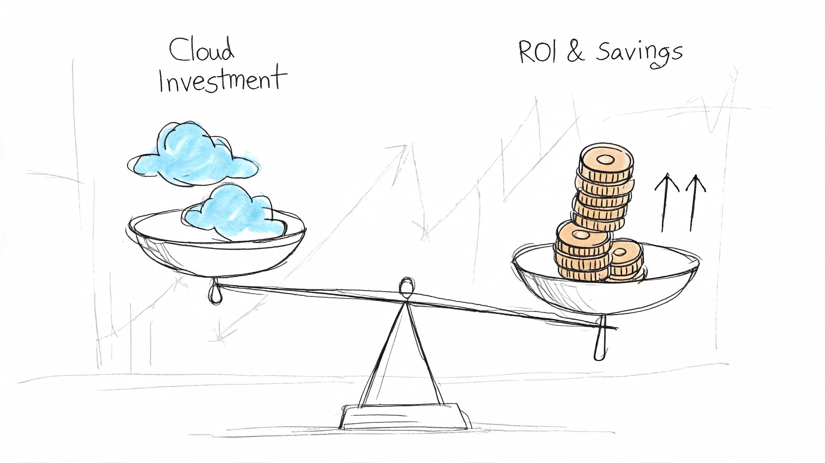 A hand-drawn illustration showing a balance scale weighing cloud investment against ROI and financial savings.