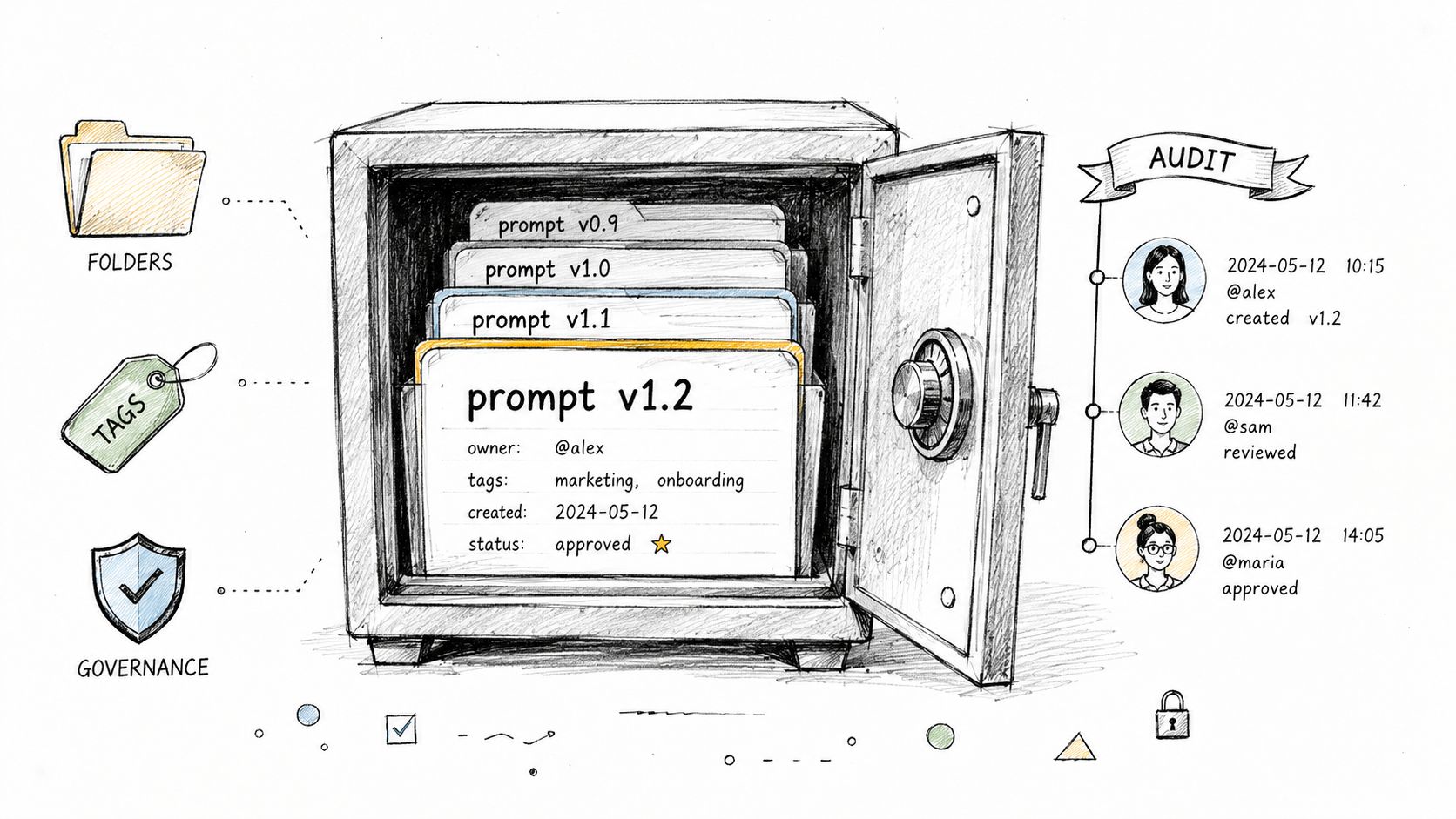 A hand-drawn illustration showing a prompt engineering vault system with version control, tagging, and audit history.