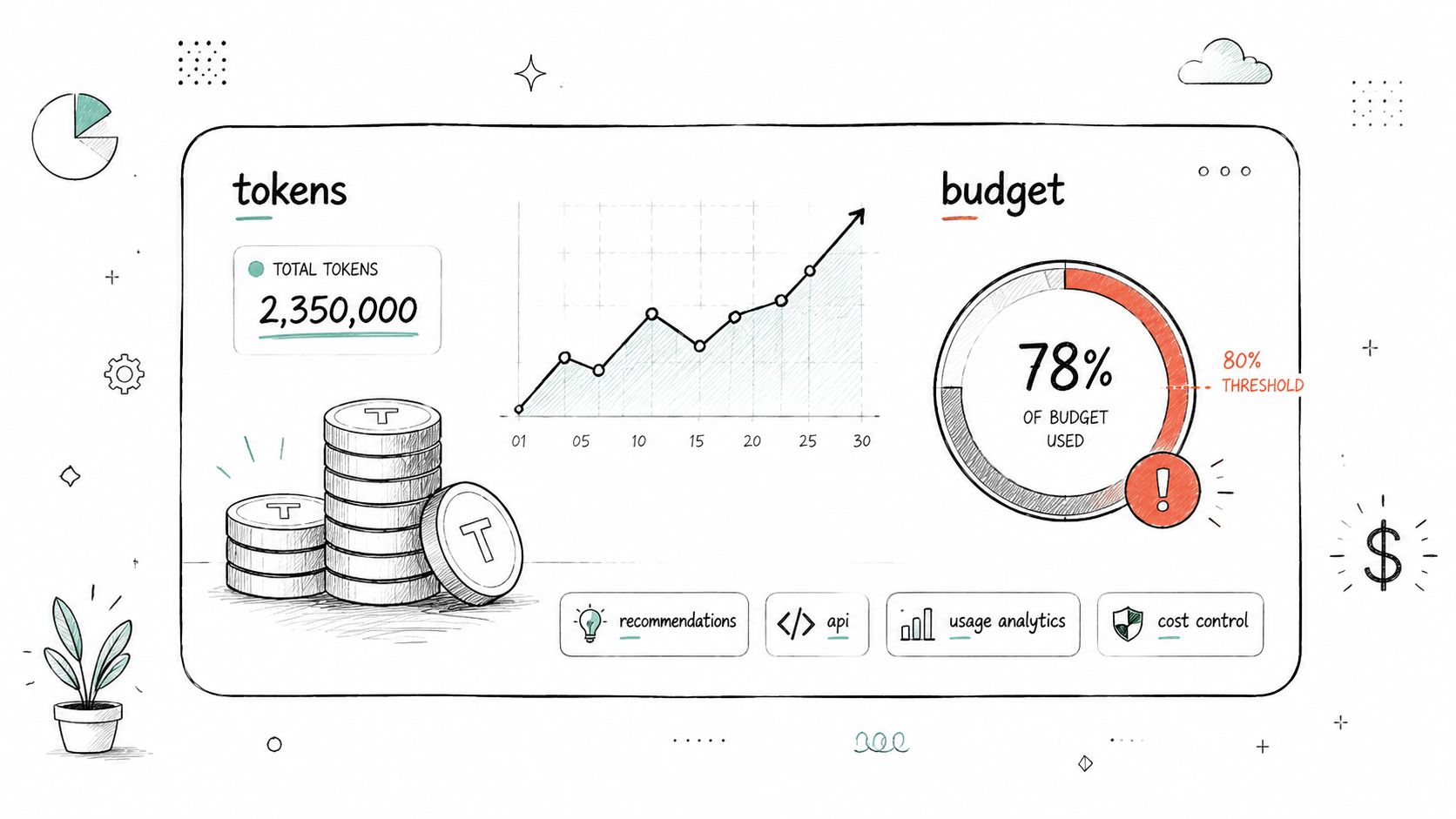 A hand-drawn style dashboard interface displaying token counts, a budget progress chart, and navigation buttons.