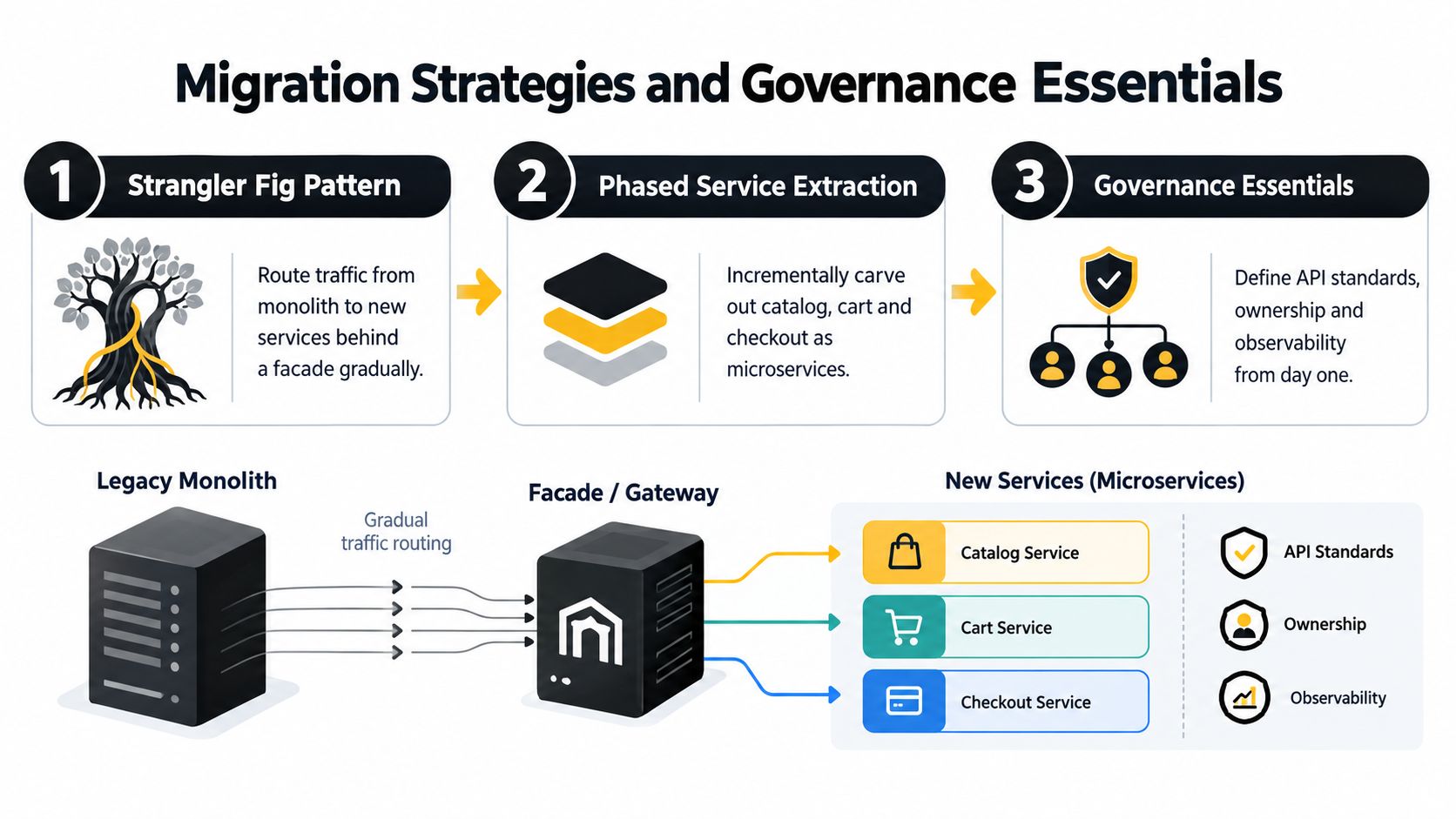 A diagram illustrating migration strategies from legacy monoliths to composable commerce microservices using the strangler fig pattern.