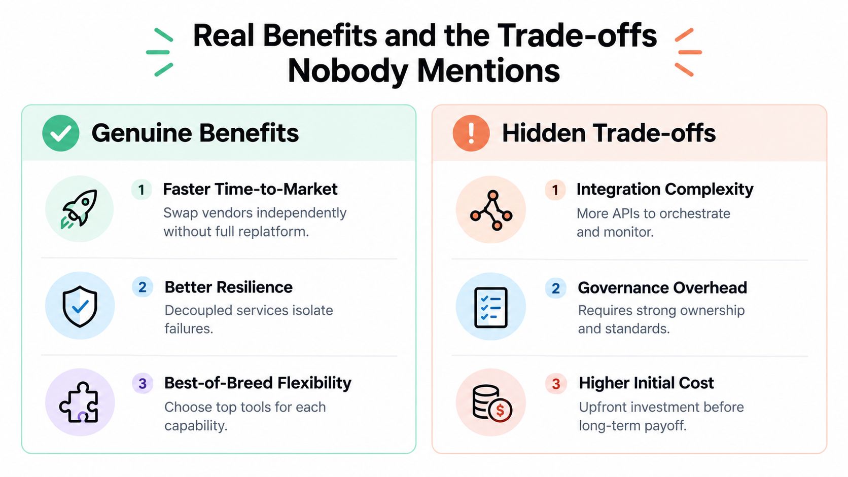 A comparison chart showing genuine benefits and hidden trade-offs of using a composable commerce architecture approach.
