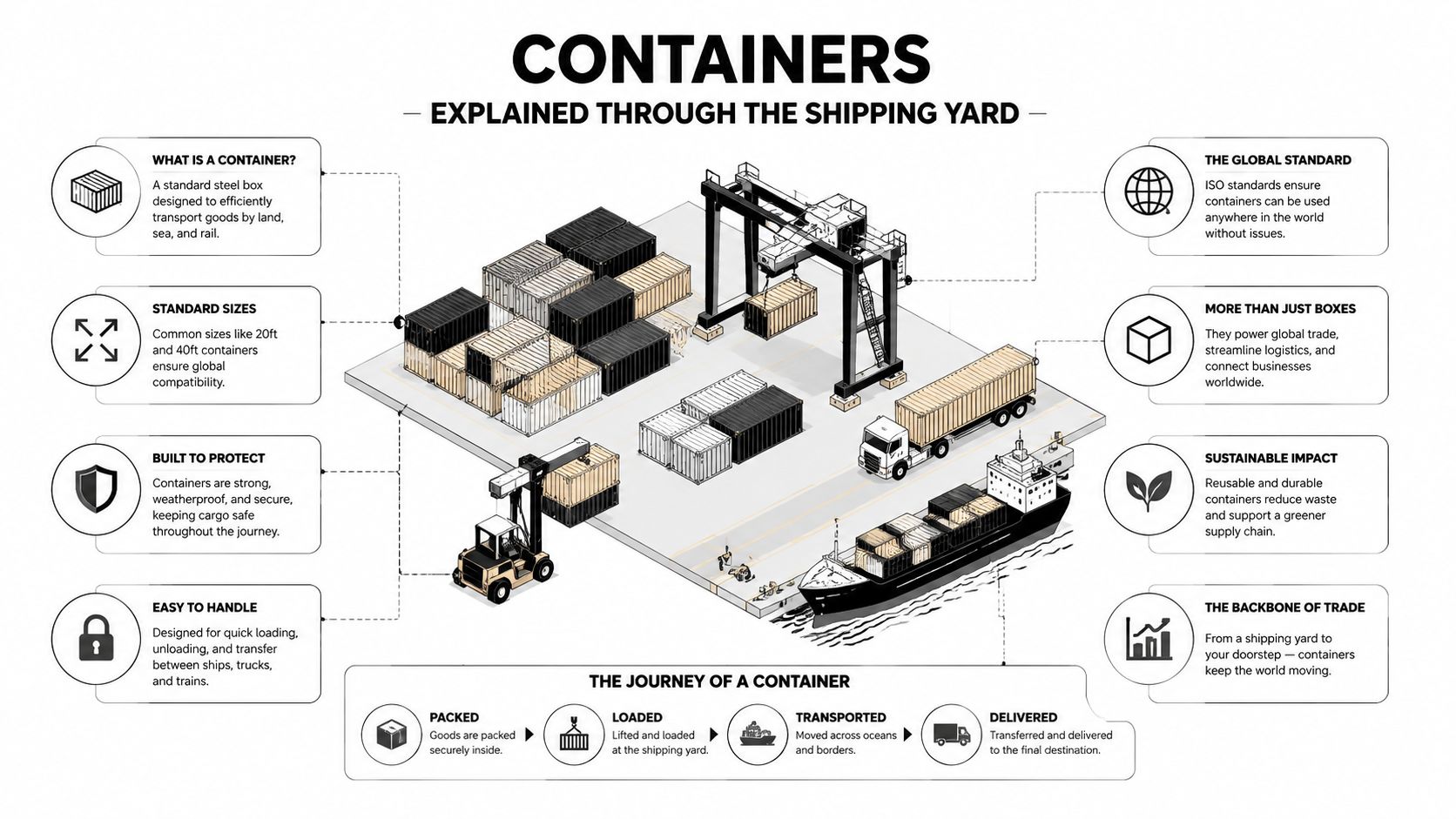 An infographic illustrating how shipping containers function within a logistics yard and their global trade impact.