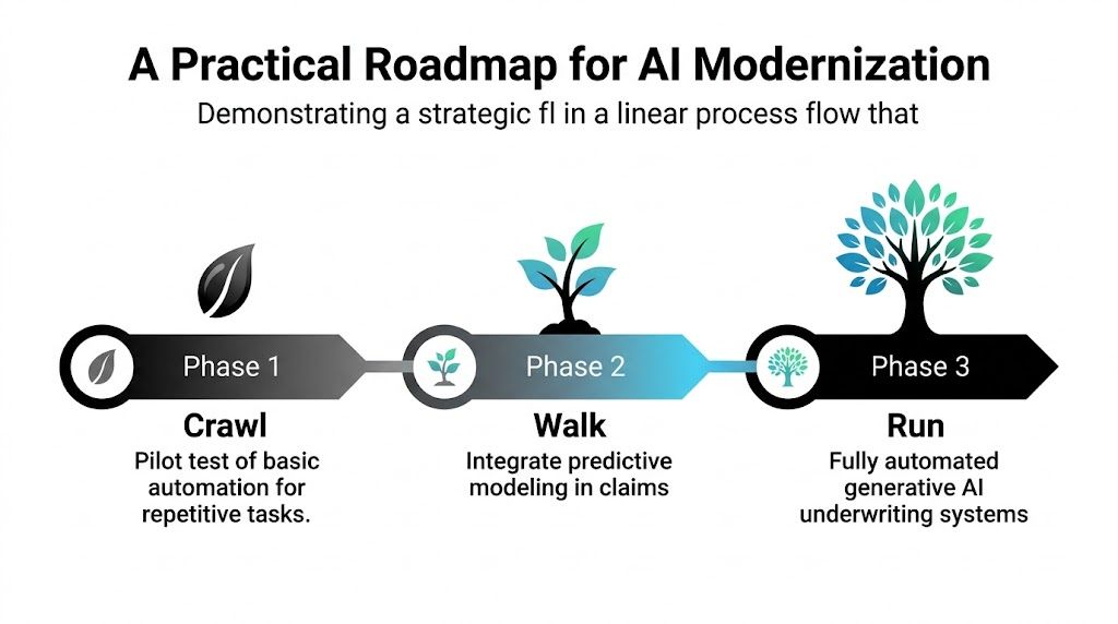 A diagram illustrating a three-phase AI modernization roadmap titled Crawl, Walk, and Run for insurance software.