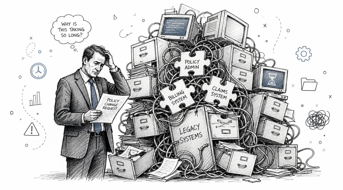 A frustrated businessman holding a policy change request in front of a chaotic pile of old systems.