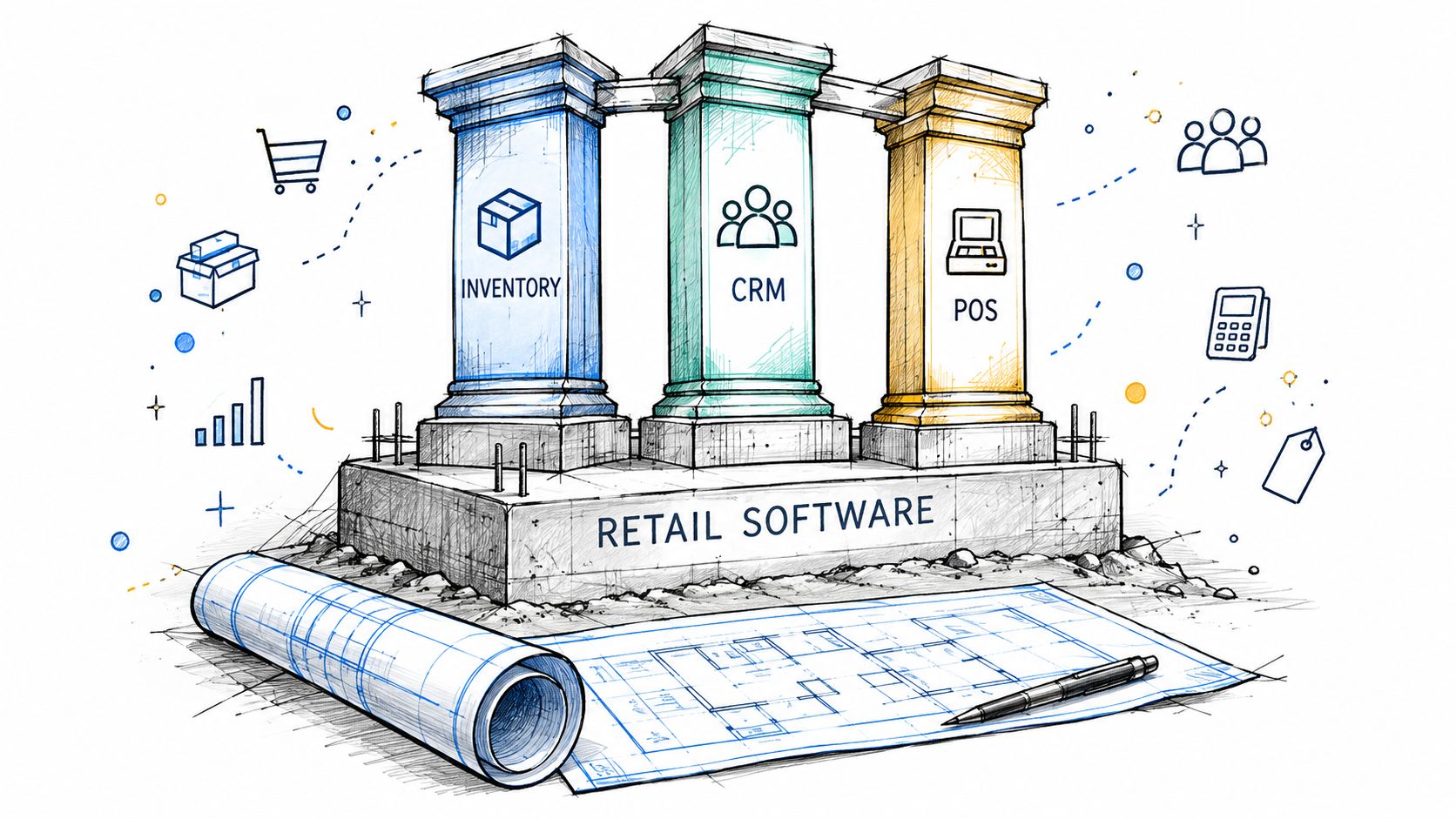A conceptual sketch showing three pillars representing inventory, CRM, and POS software for retail business development.