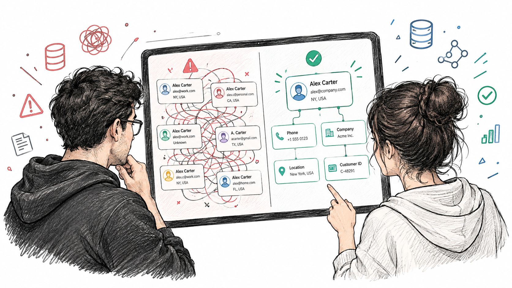 Two people reviewing a digital screen illustrating the process of cleaning and resolving messy customer data.
