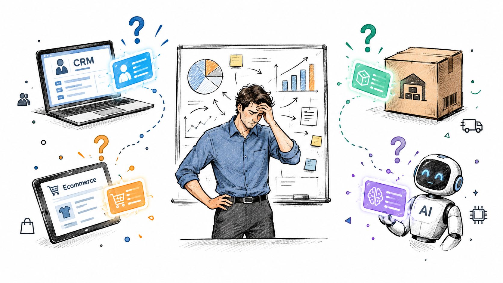 A stressed man looking at a whiteboard surrounded by various digital business software and data icons.