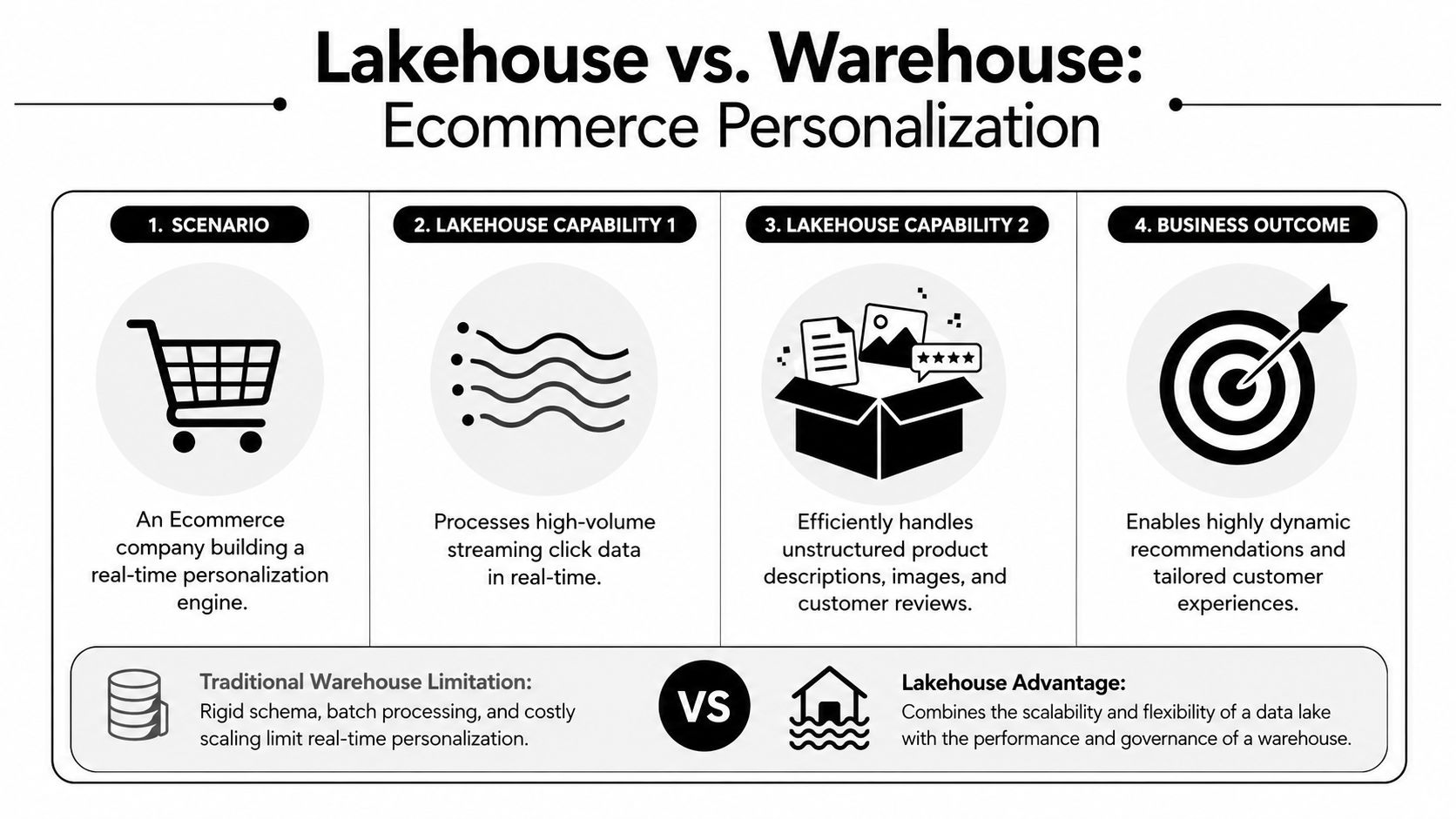 A diagram comparing data lakehouse versus data warehouse capabilities for ecommerce real-time personalization and business outcomes.