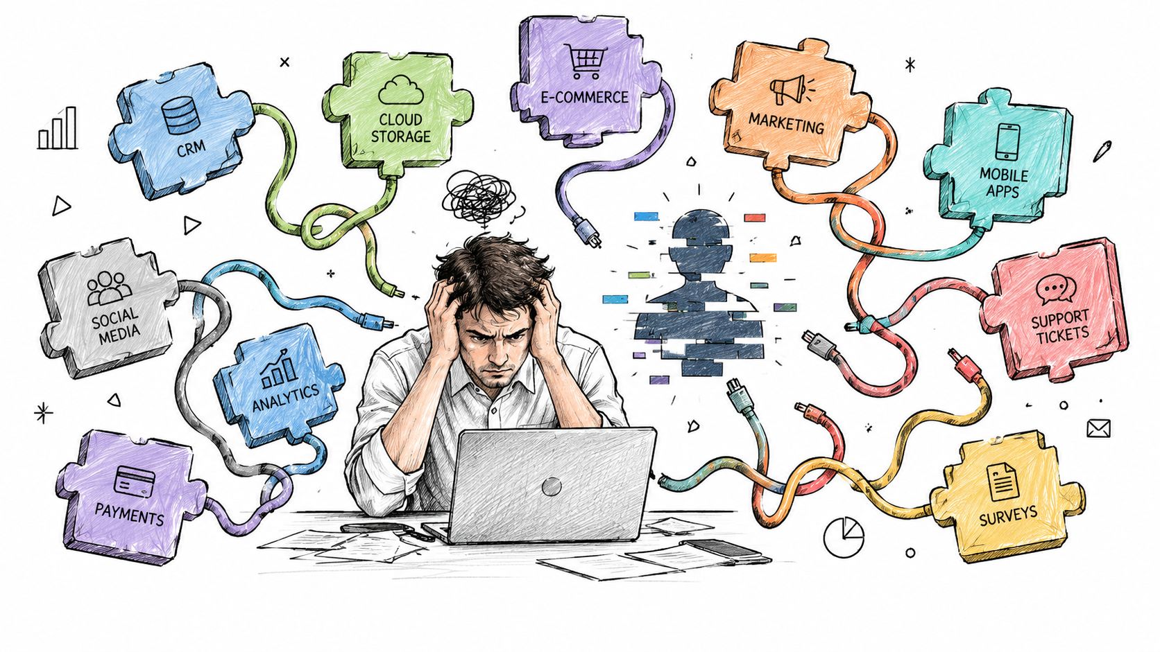A stressed man working on a laptop, overwhelmed by complex data sources and digital business connections.