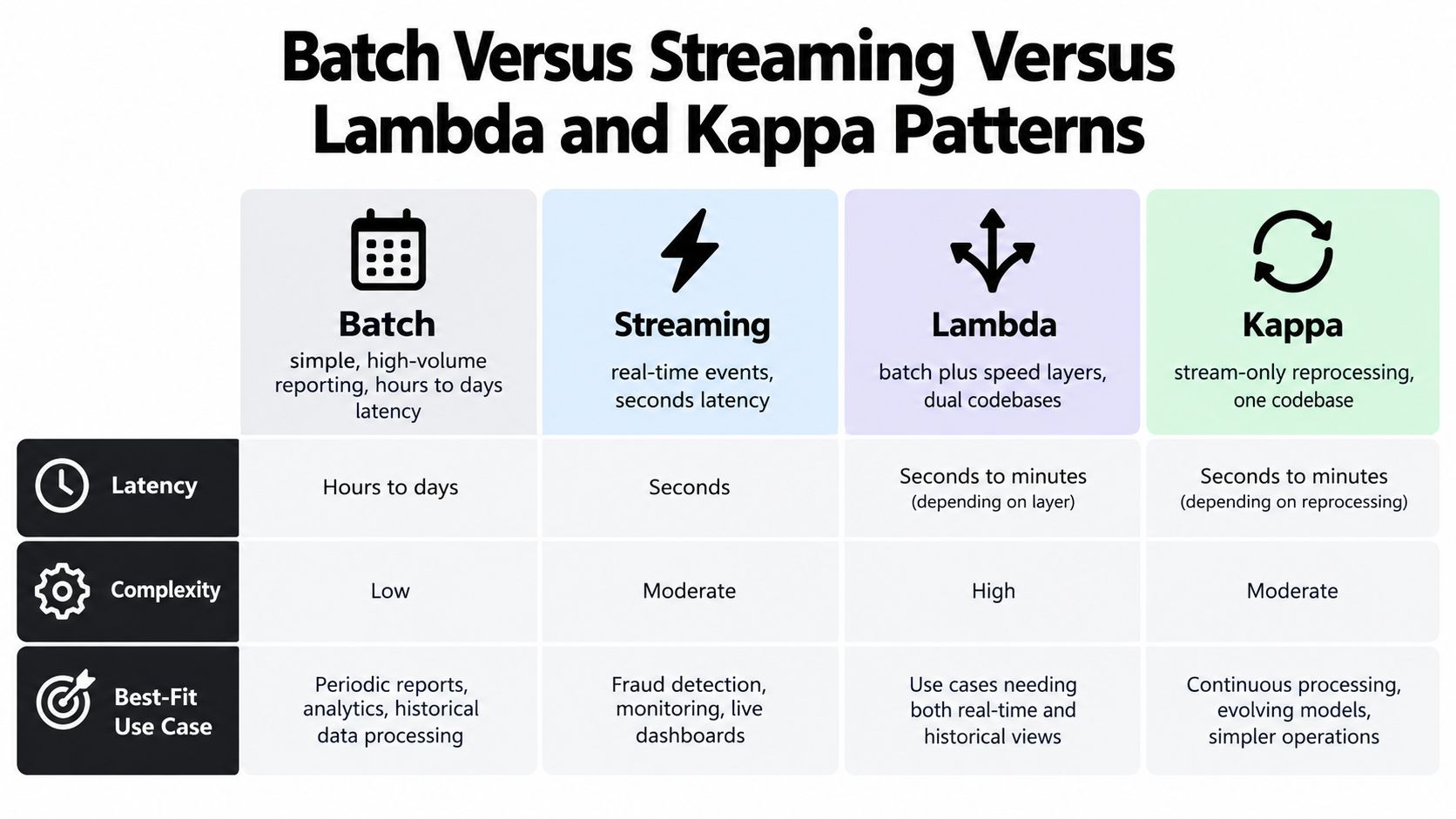 A comparison chart showing the differences between Batch, Streaming, Lambda, and Kappa data processing patterns and architectures.