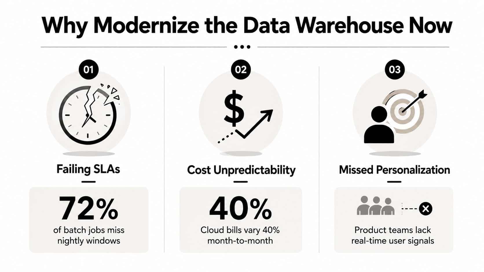 An infographic titled Why Modernize the Data Warehouse Now highlighting three key issues: failing SLAs, cost unpredictability, and missed personalization.