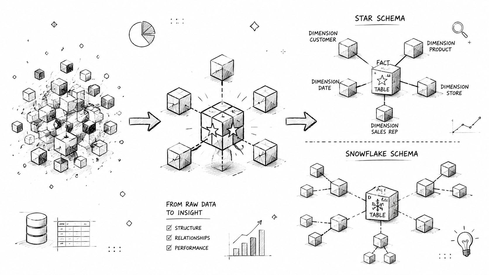 A hand-drawn illustration depicting the data warehousing concept, showing raw data evolving into organized star and snowflake schemas.