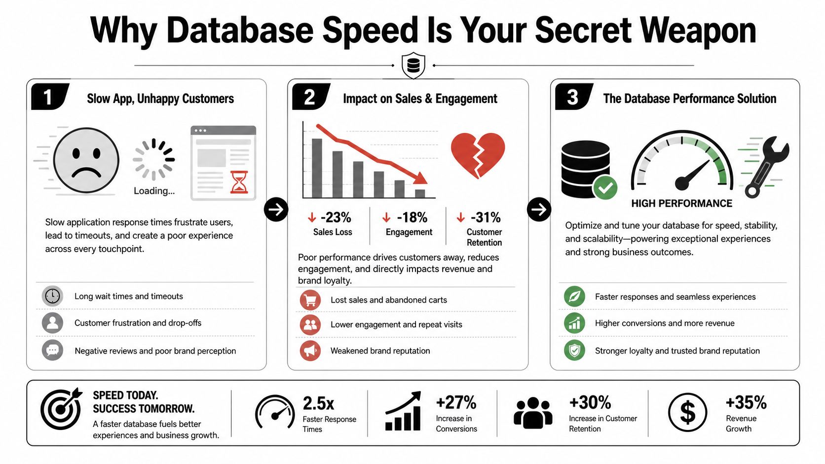 An infographic titled Why Database Speed Is Your Secret Weapon showing the business impact of application performance.
