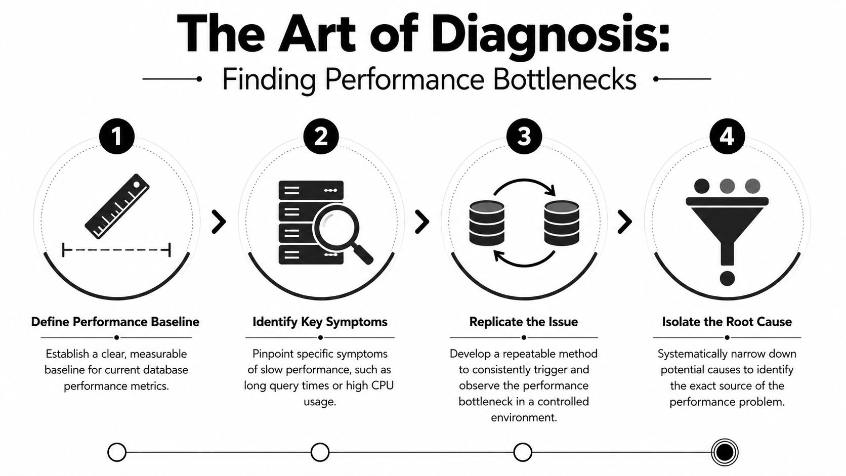 A four-step infographic illustrating the process of finding and diagnosing database performance bottlenecks efficiently.