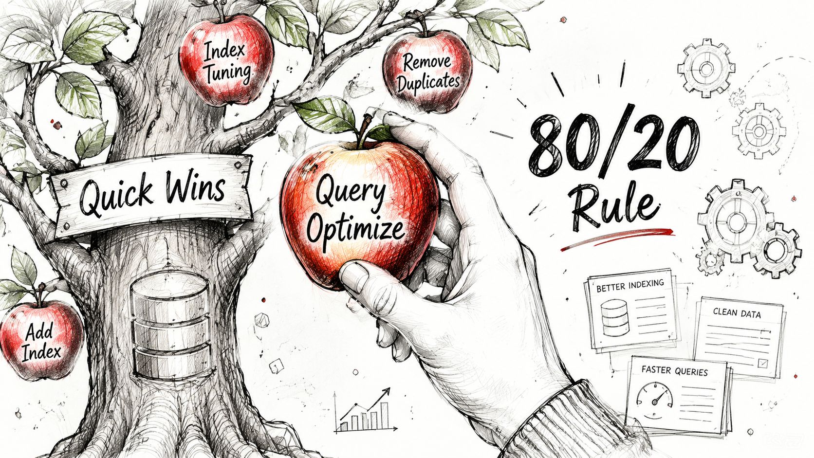 A hand reaching for a red apple labeled Query Optimize on a database performance optimization tree.