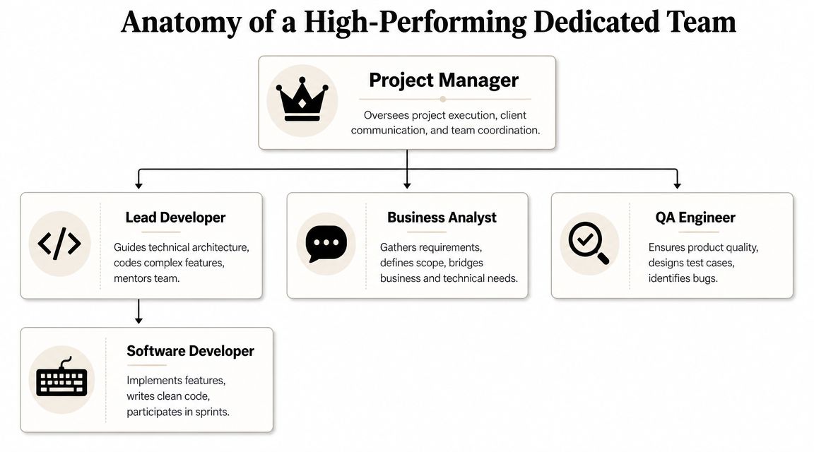 A hierarchical diagram outlining the anatomy of a high-performing dedicated software team with key roles explained.