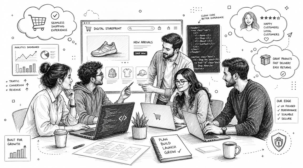 A dedicated software team collaborating on a digital storefront project with laptops, code, and analytics dashboards.