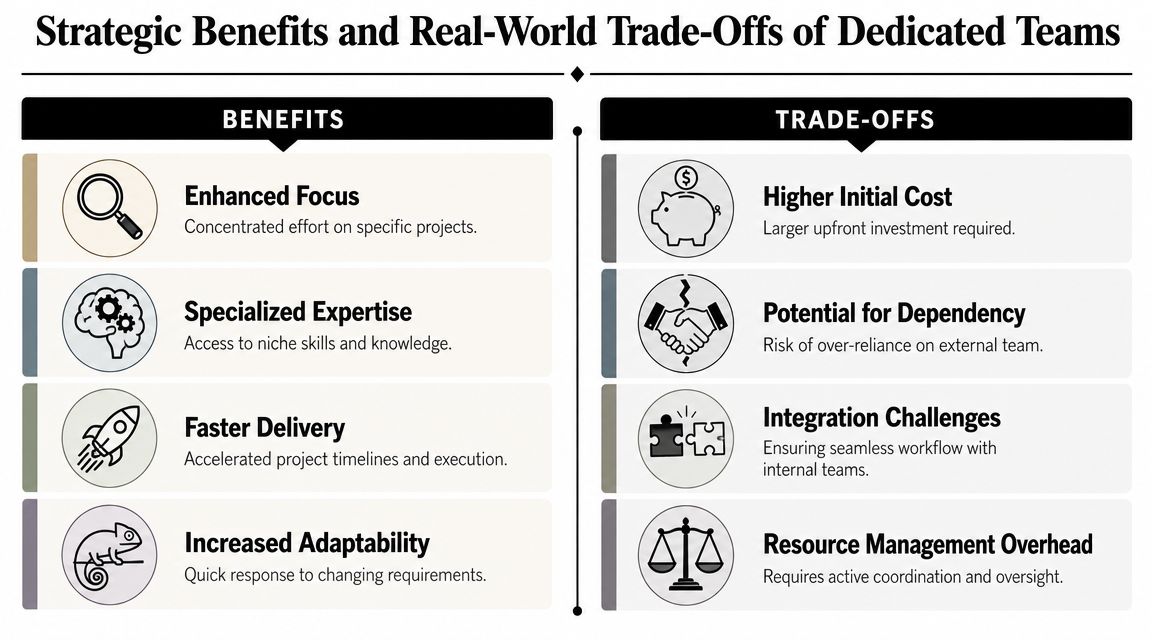 A comparison chart outlining the strategic benefits and trade-offs of utilizing dedicated teams in business projects.
