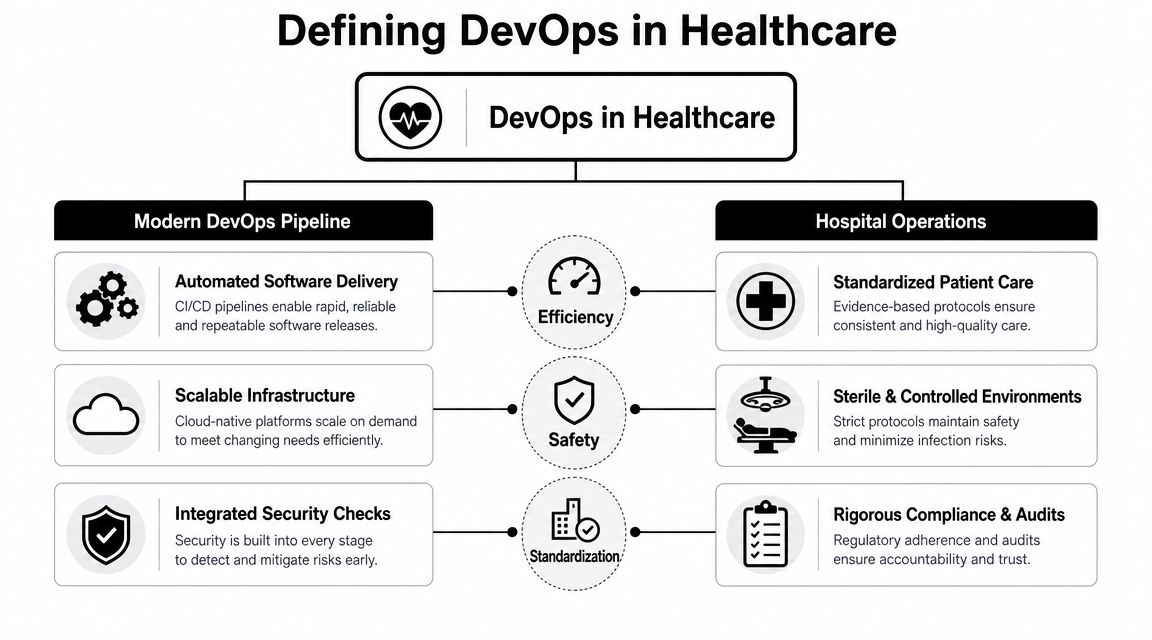 A diagram illustrating the comparison between modern DevOps pipeline practices and traditional hospital operations in healthcare.