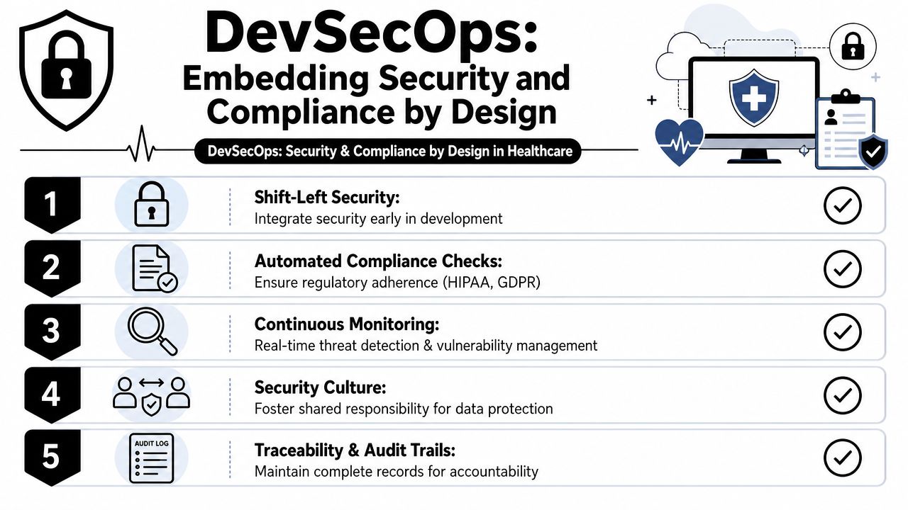 A five-step infographic illustrating DevSecOps practices for embedding security and compliance by design in healthcare environments.