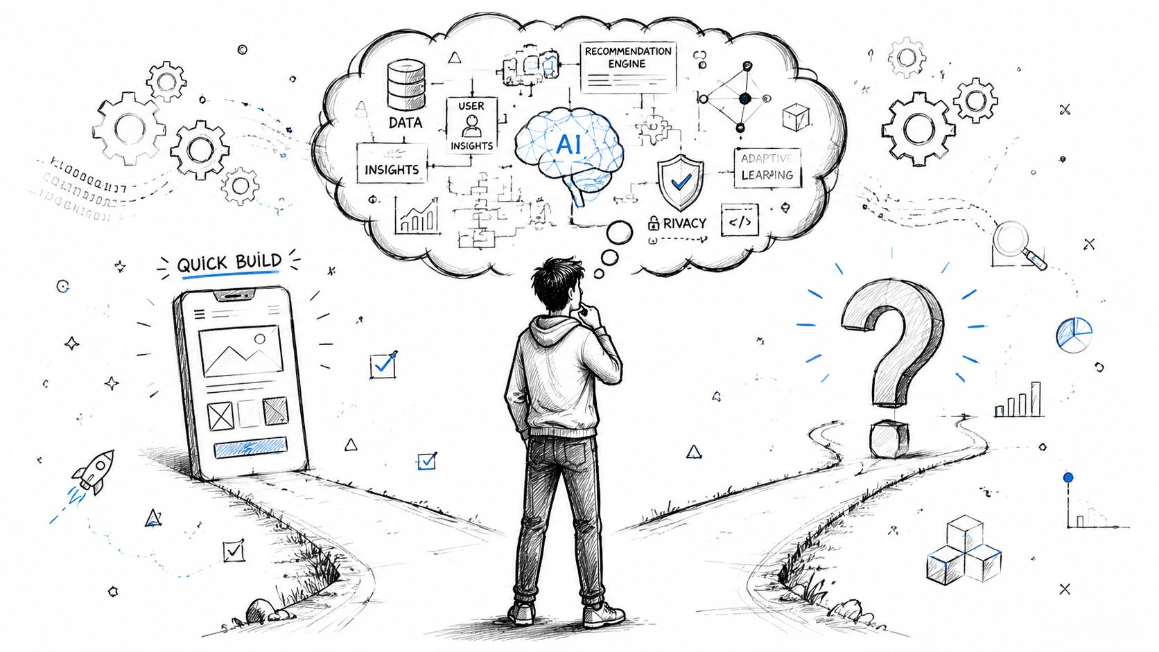 A person standing at a crossroads choosing between a quick build mobile prototype and advanced AI development.