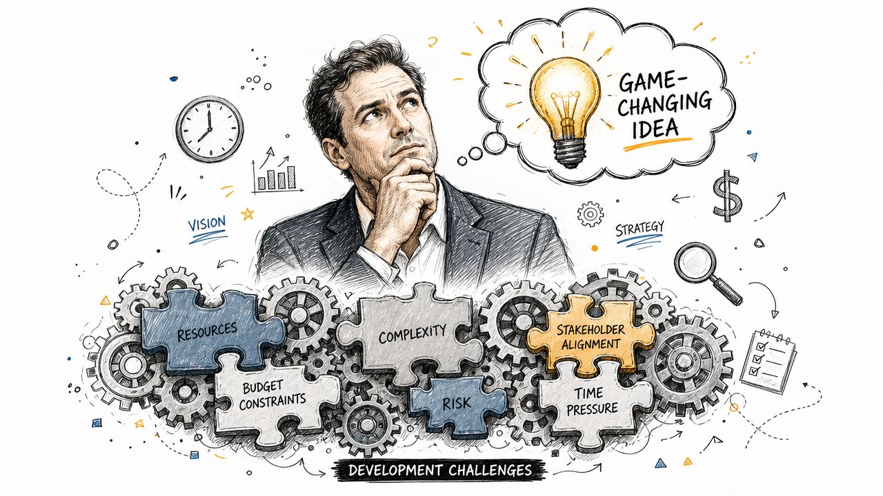 A professional man contemplating a game-changing idea amidst various digital product development challenges represented by puzzle-shaped gears.
