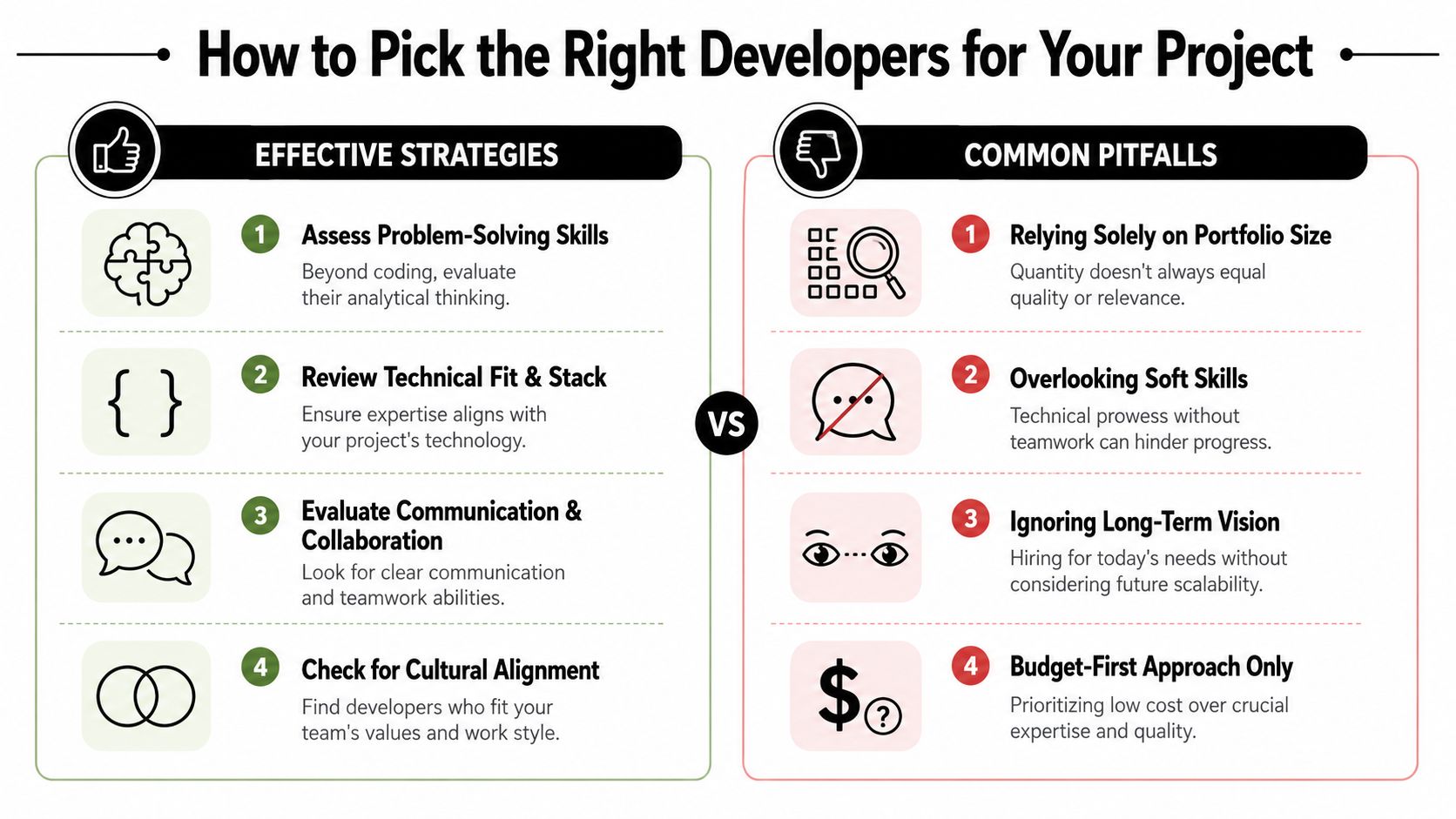 An infographic titled How to Pick the Right Developers comparing effective strategies versus common hiring pitfalls.
