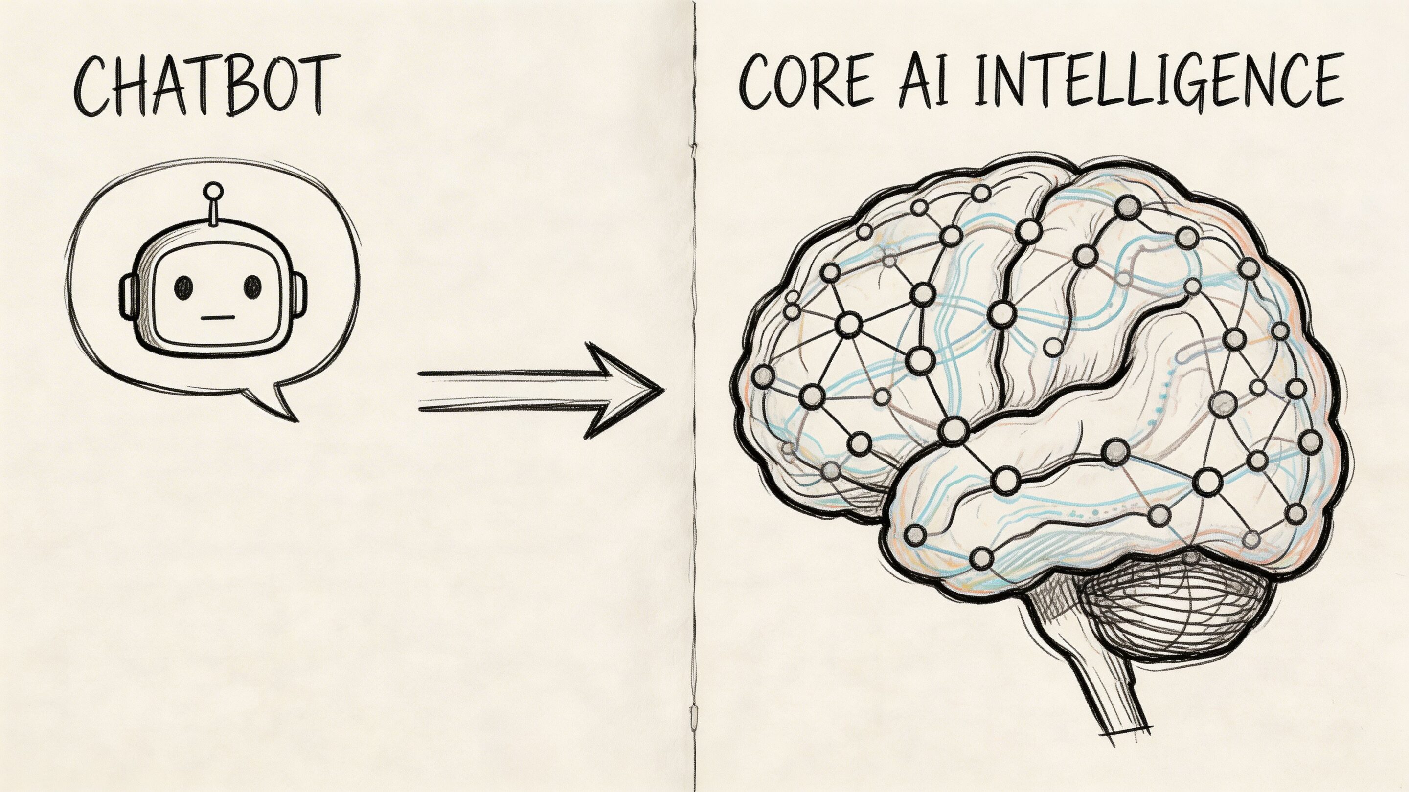 A hand-drawn illustration showing a chatbot icon transforming into a human brain depicting AI neural networks.