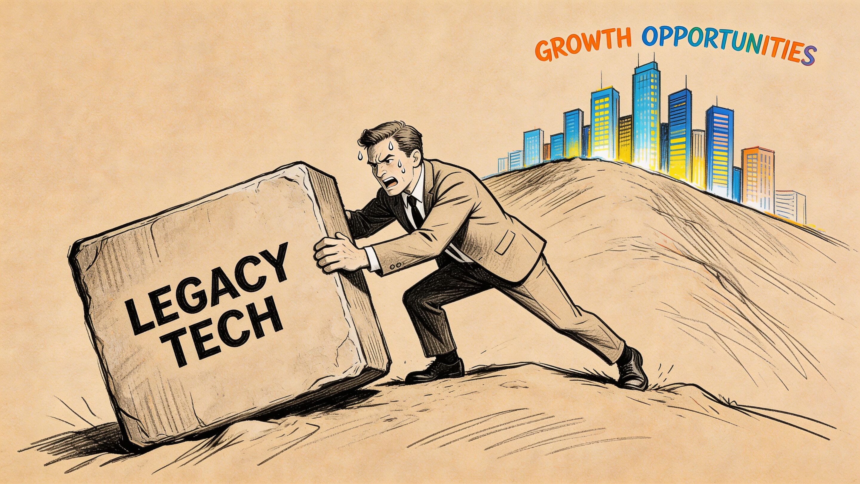 A businessman struggles to push a heavy stone labeled Legacy Tech toward a city of growth opportunities.