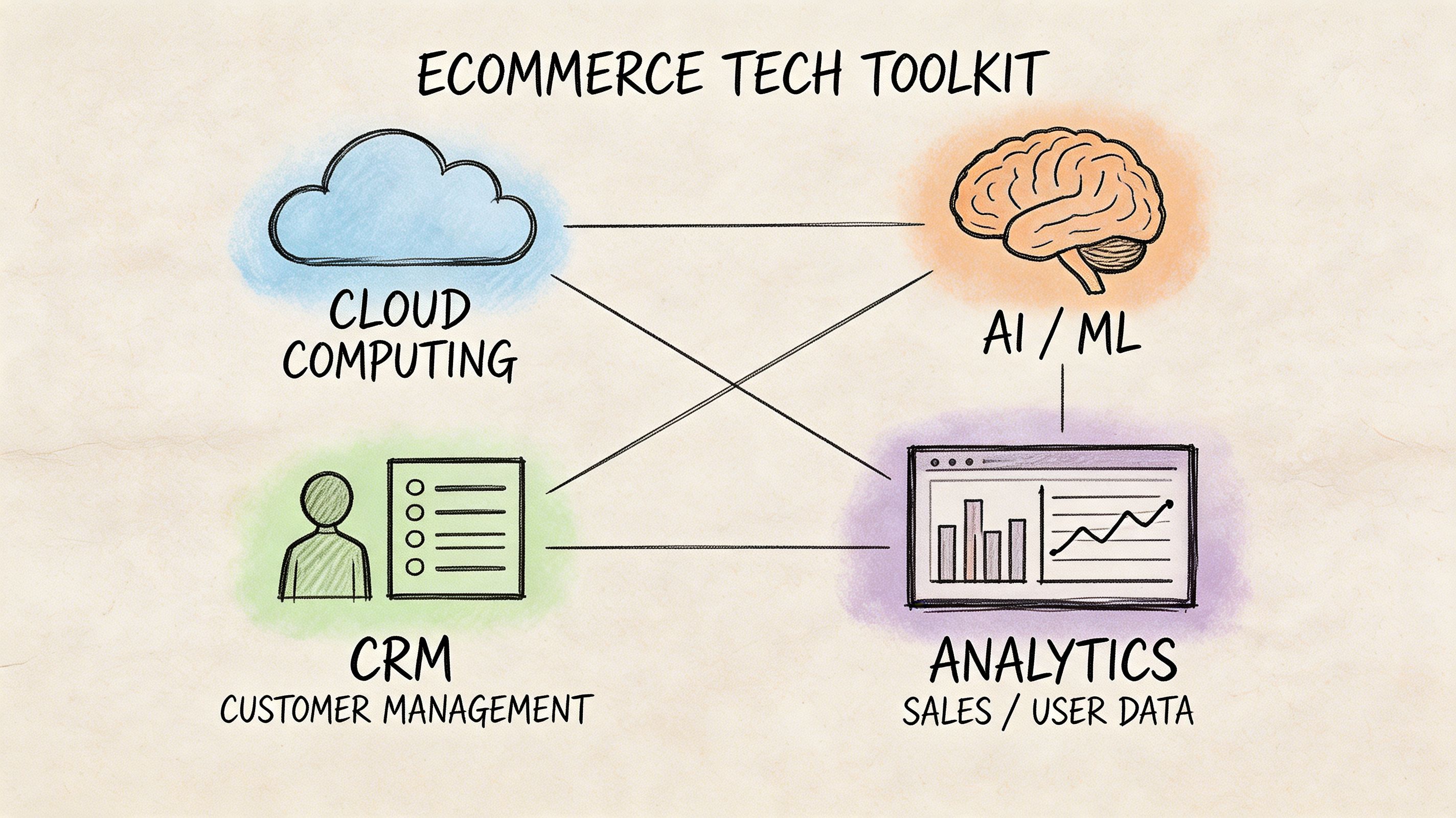 An infographic showing four key components of an ecommerce tech toolkit: cloud computing, AI, CRM, and analytics.