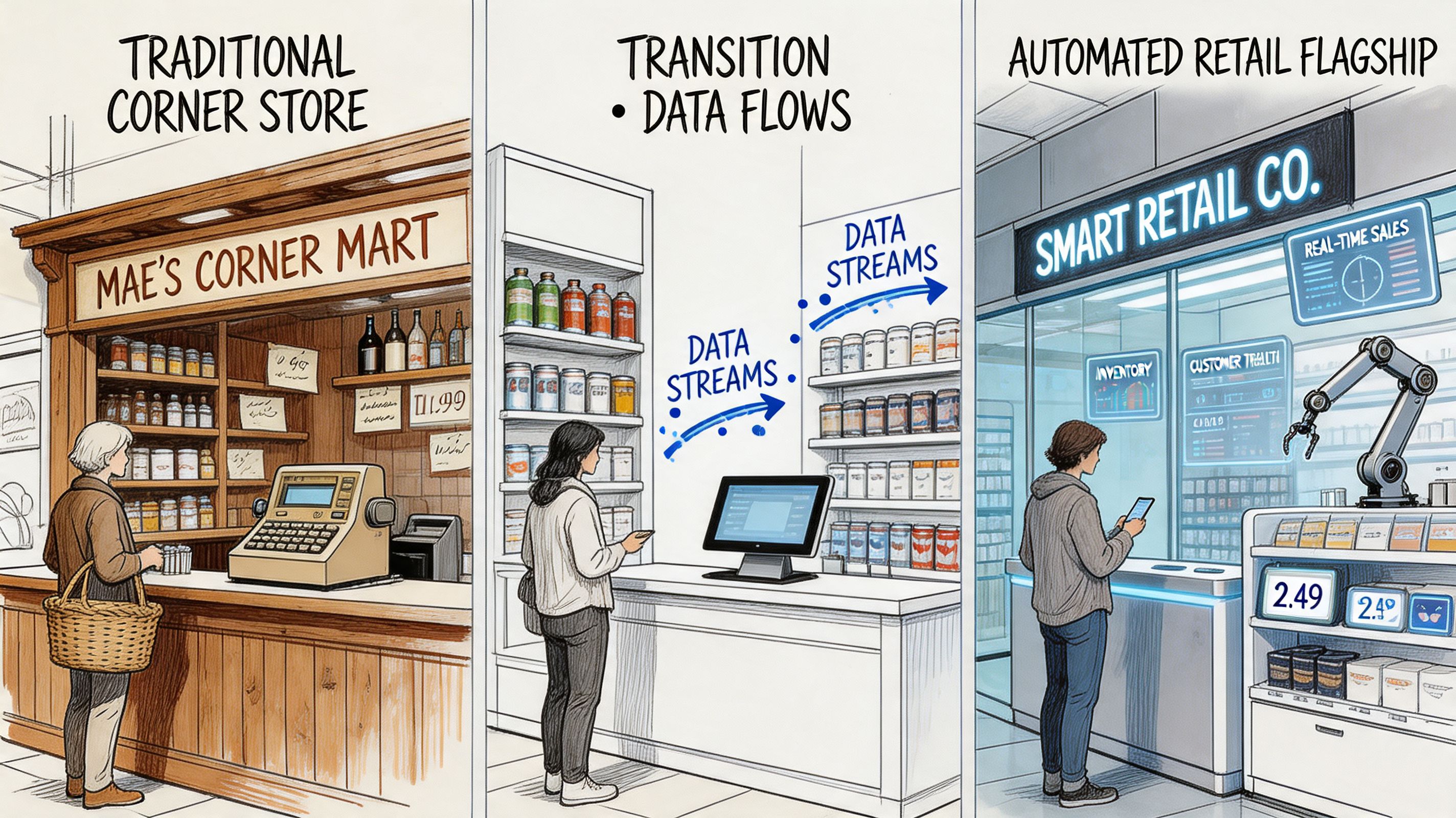 An illustration showing the evolution of retail from a traditional corner store to an automated flagship.
