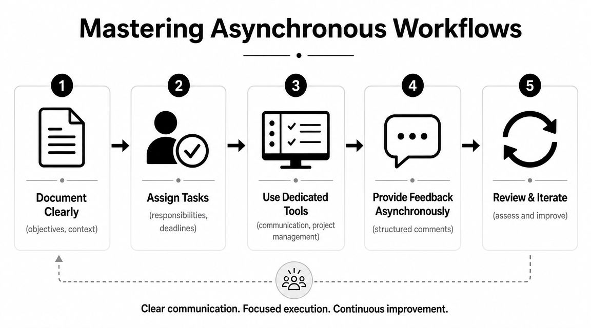 A diagram outlining a five-step process for mastering asynchronous workflows in a professional business setting.