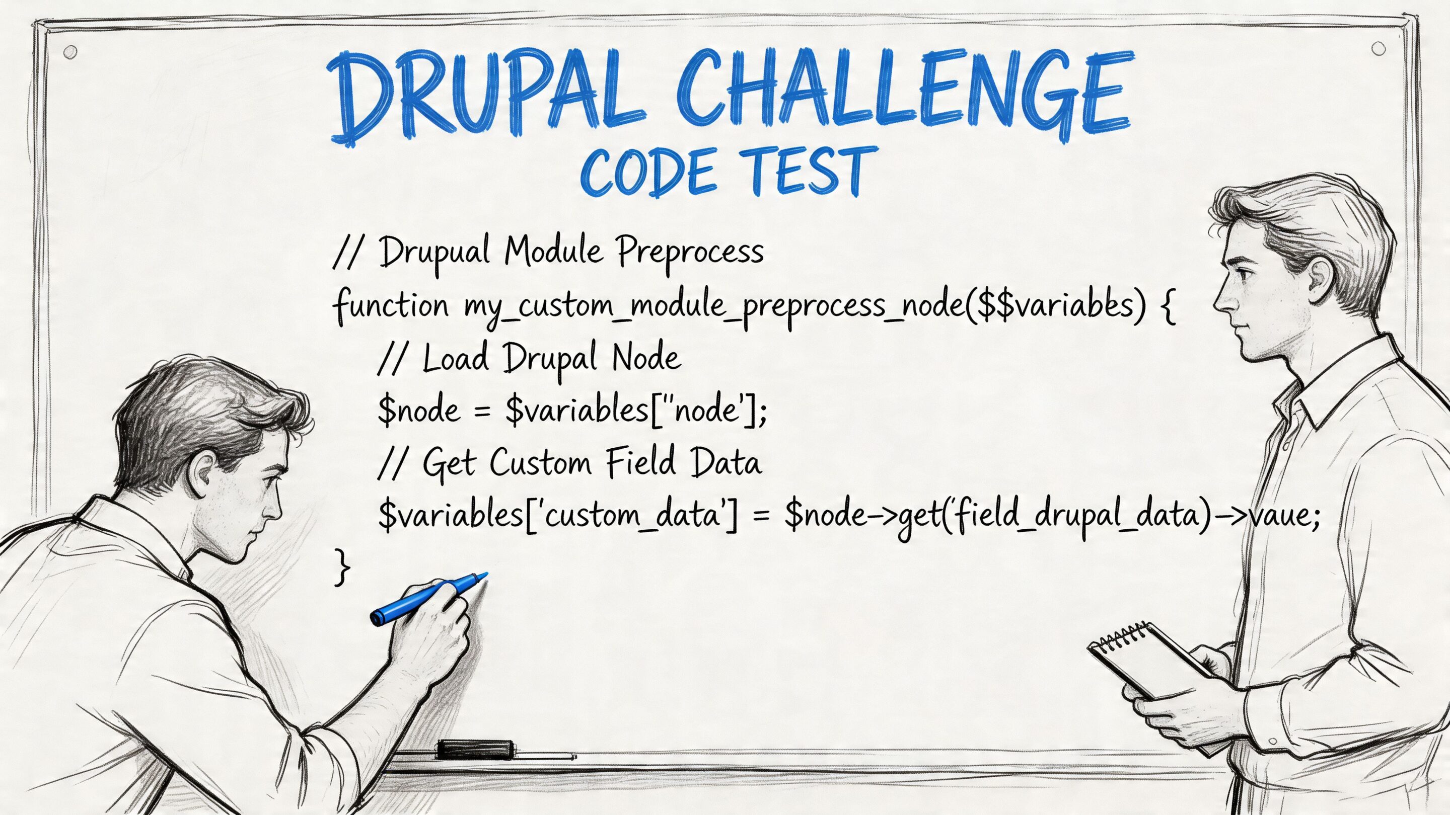 A professional developer writing Drupal code on a whiteboard during a team technical assessment challenge.