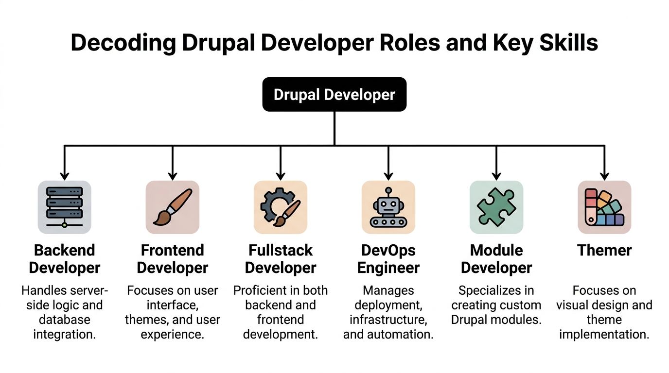 An organizational chart showing different Drupal developer roles and their primary responsibilities and key skills.