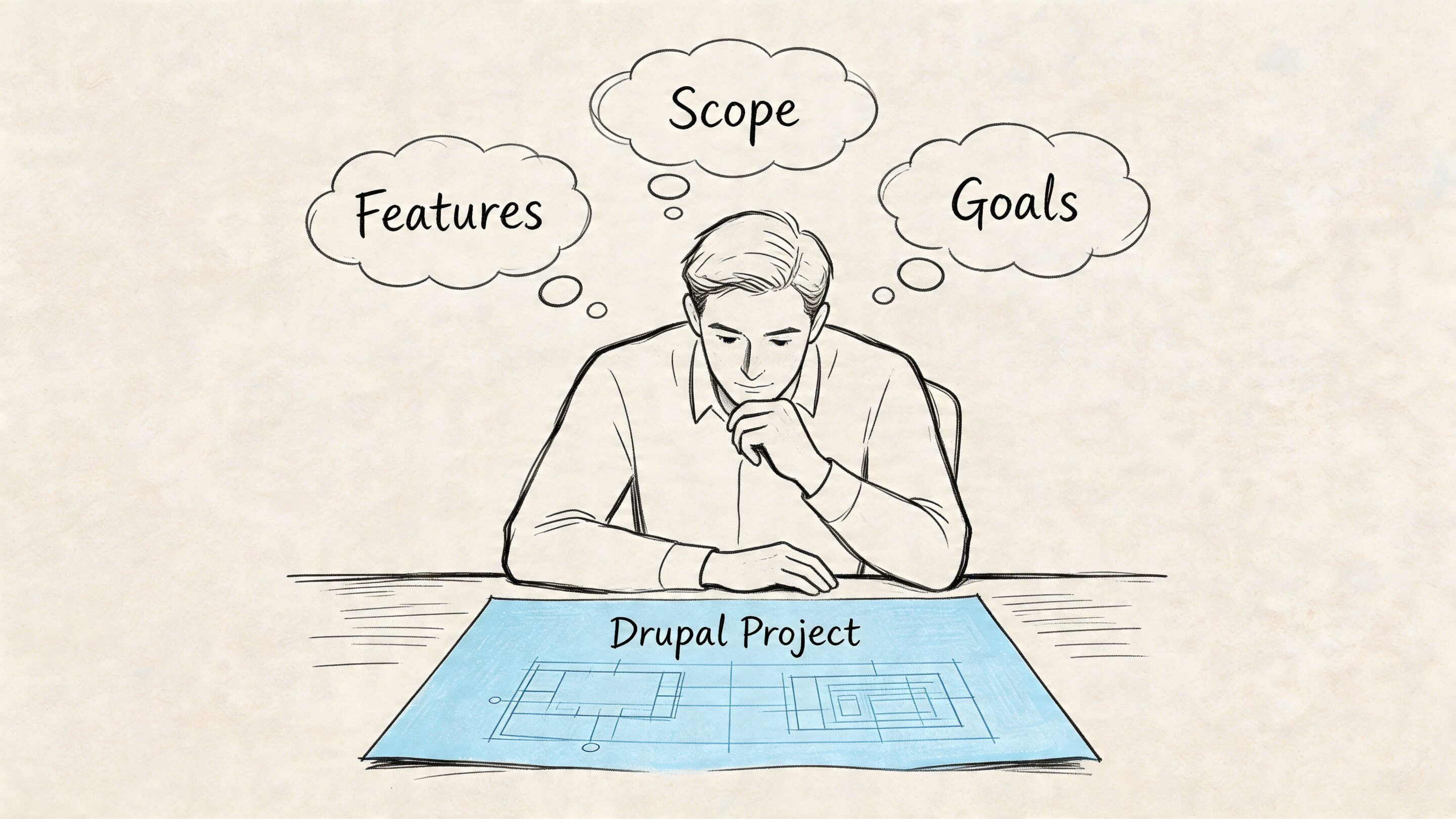 A line-art illustration of a project manager planning a Drupal project with thoughts on scope, features, and goals.